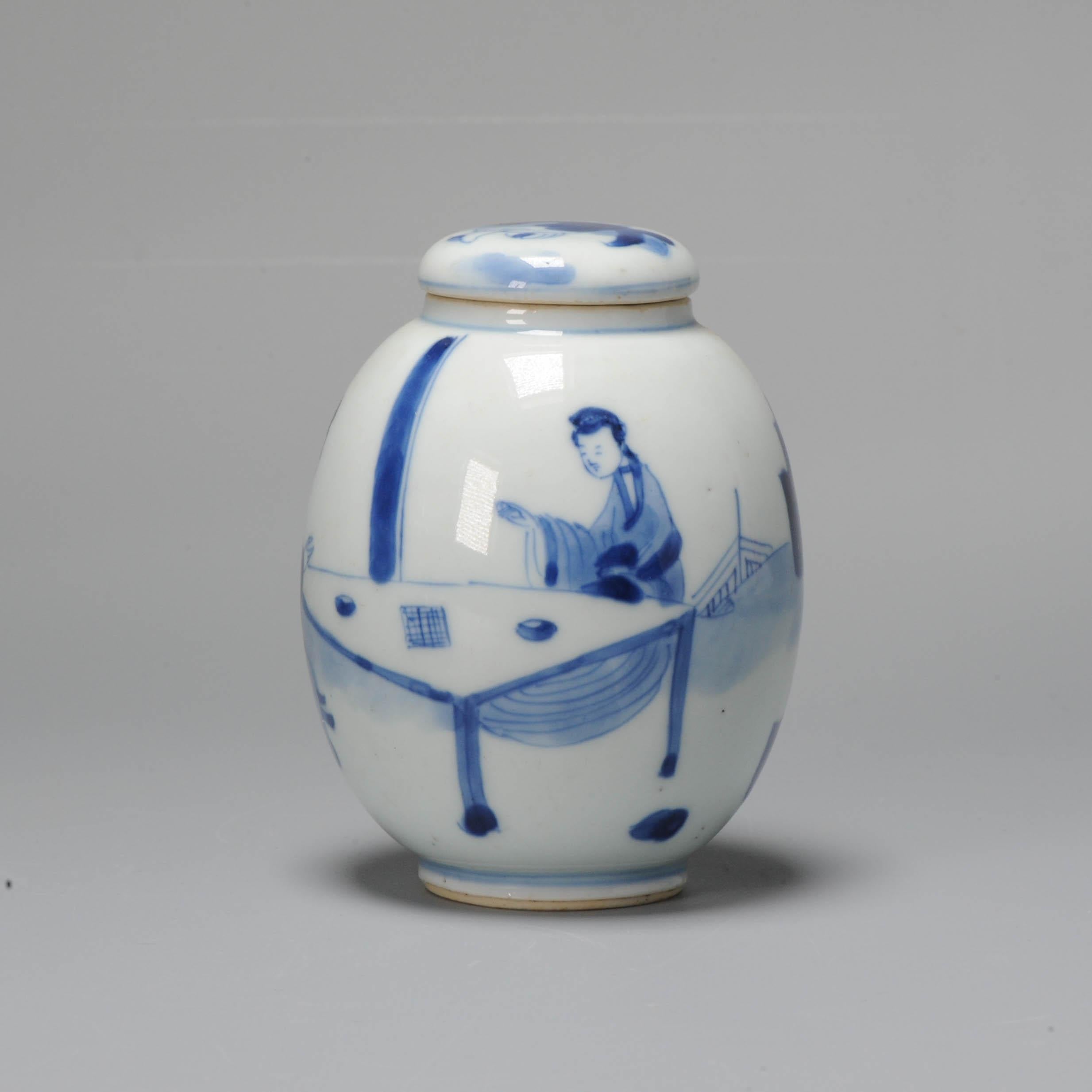 18th Century and Earlier Kangxi Period Chinese Porcleain Lidded Jar Tea Caddy Blue & White Silver Lizago