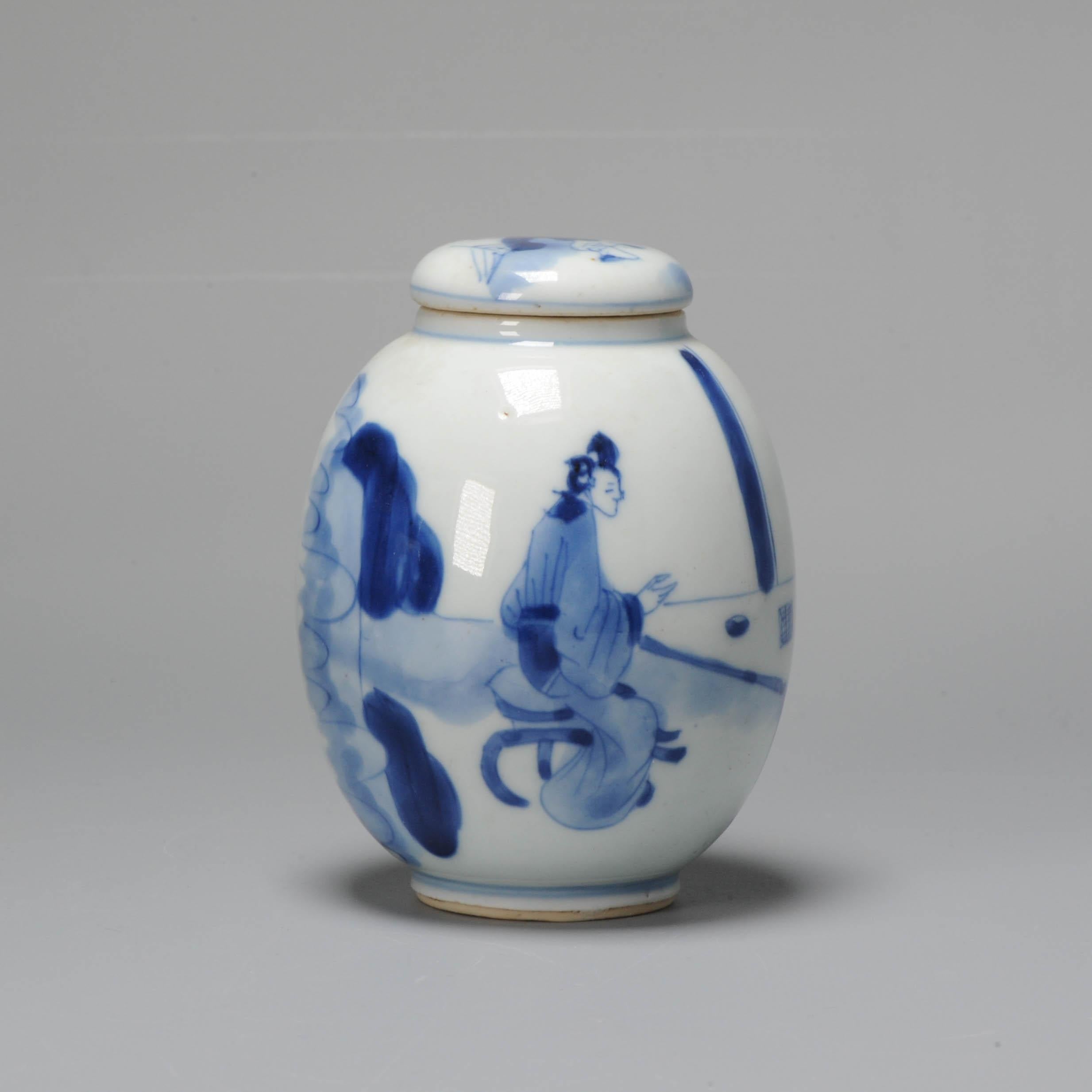 Kangxi Period Chinese Porcleain Lidded Jar Tea Caddy Blue & White Silver Lizago 1