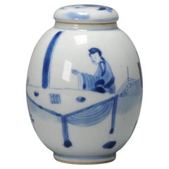 Kangxi Period Chinese Porcleain Lidded Jar Tea Caddy Blue & White Silver Lizago