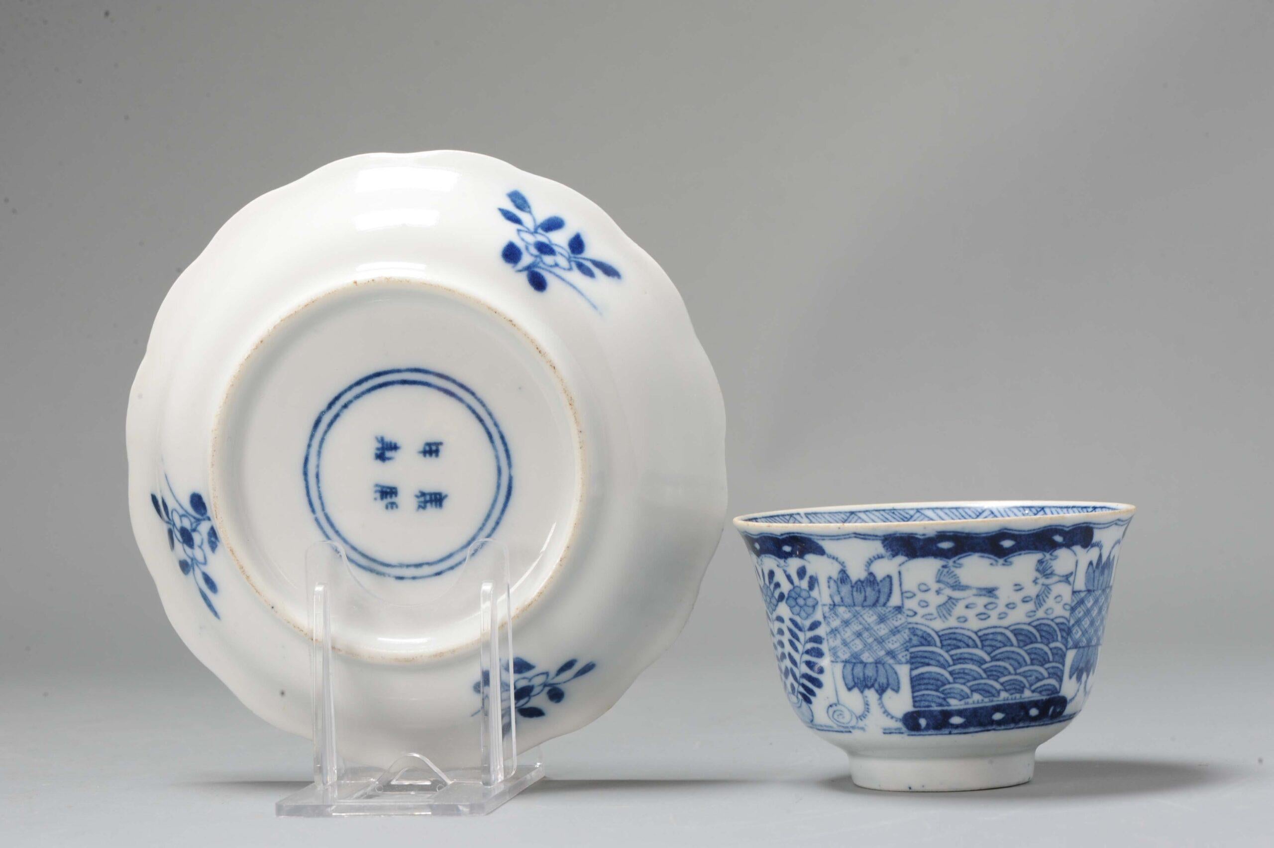 Kangxi Revival Chinese Porcelain Tea Bowl & Dish Parsley Kangxi Marked, 19th Cen In Good Condition For Sale In Amsterdam, Noord Holland