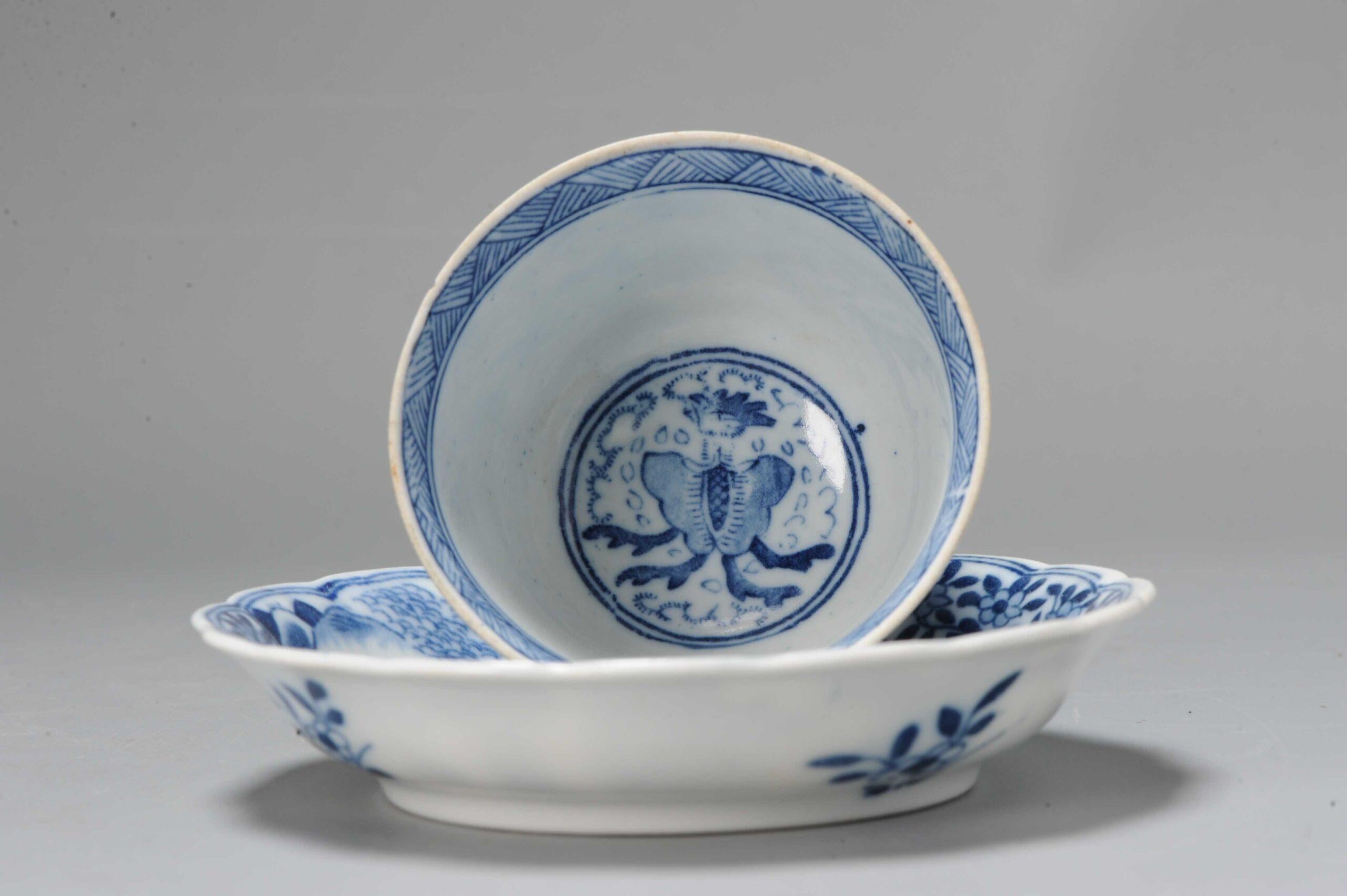 19th Century Kangxi Revival Chinese Porcelain Tea Bowl & Dish Parsley Kangxi Marked, 19th Cen For Sale