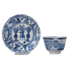 Antique Kangxi Revival Chinese Porcelain Tea Bowl & Dish Parsley Kangxi Marked, 19th Cen
