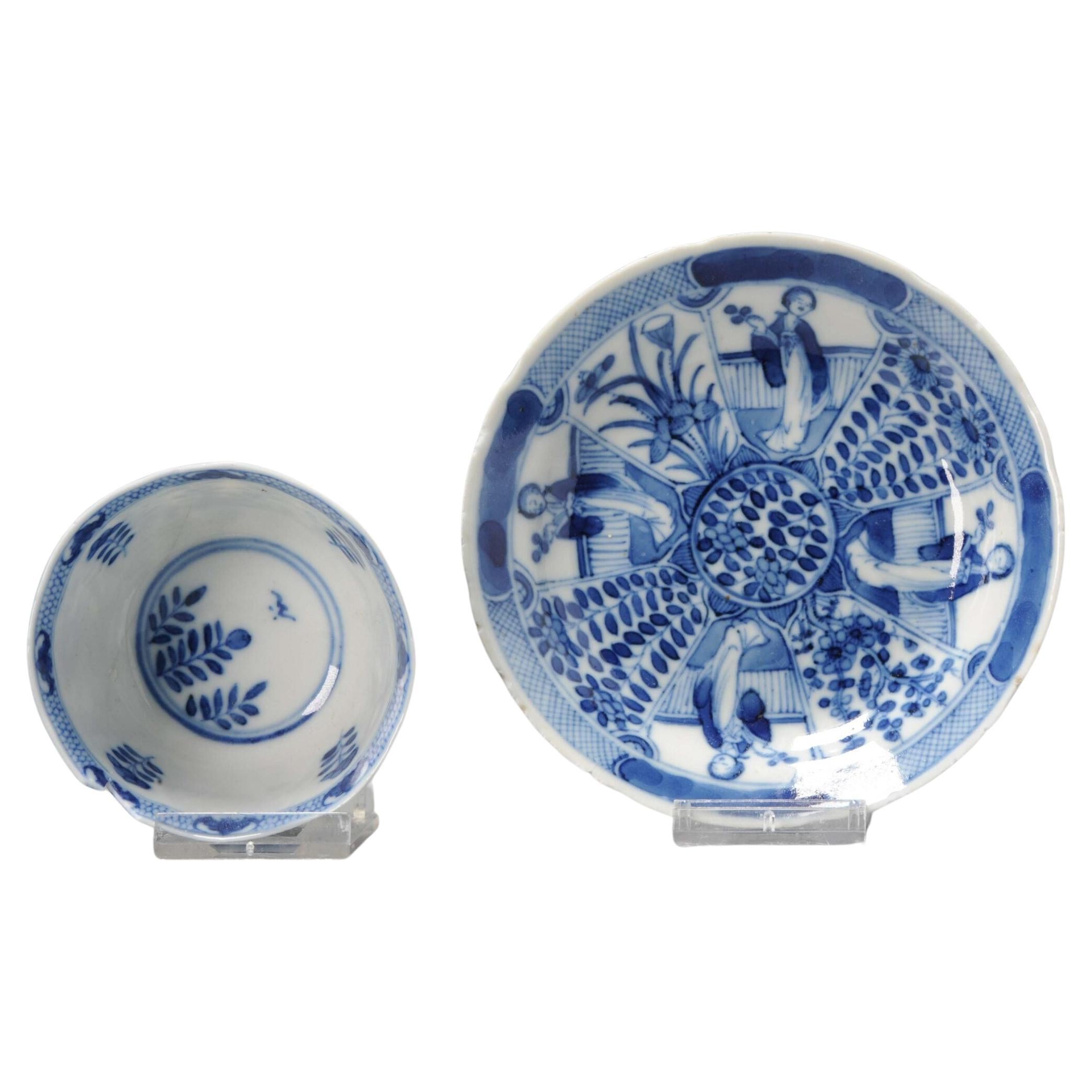 Kangxi Revival Chinese Porcelain Tea Bowl & Dish Parsley Kangxi Marked, 19th Cen For Sale