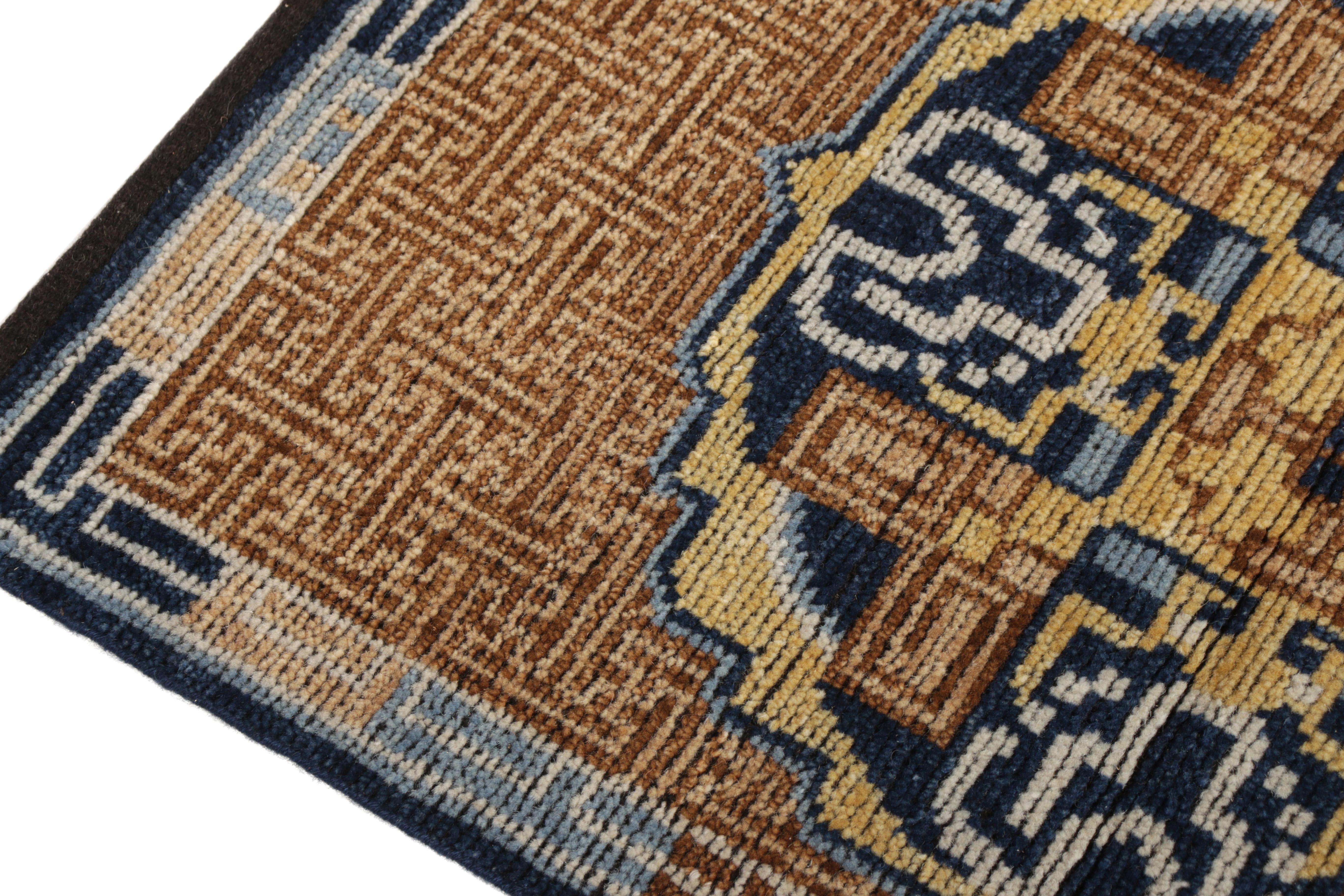Tribal Kangxi Style Rug in Beige Brown and Blue Medallion Pattern by Rug & Kilim For Sale