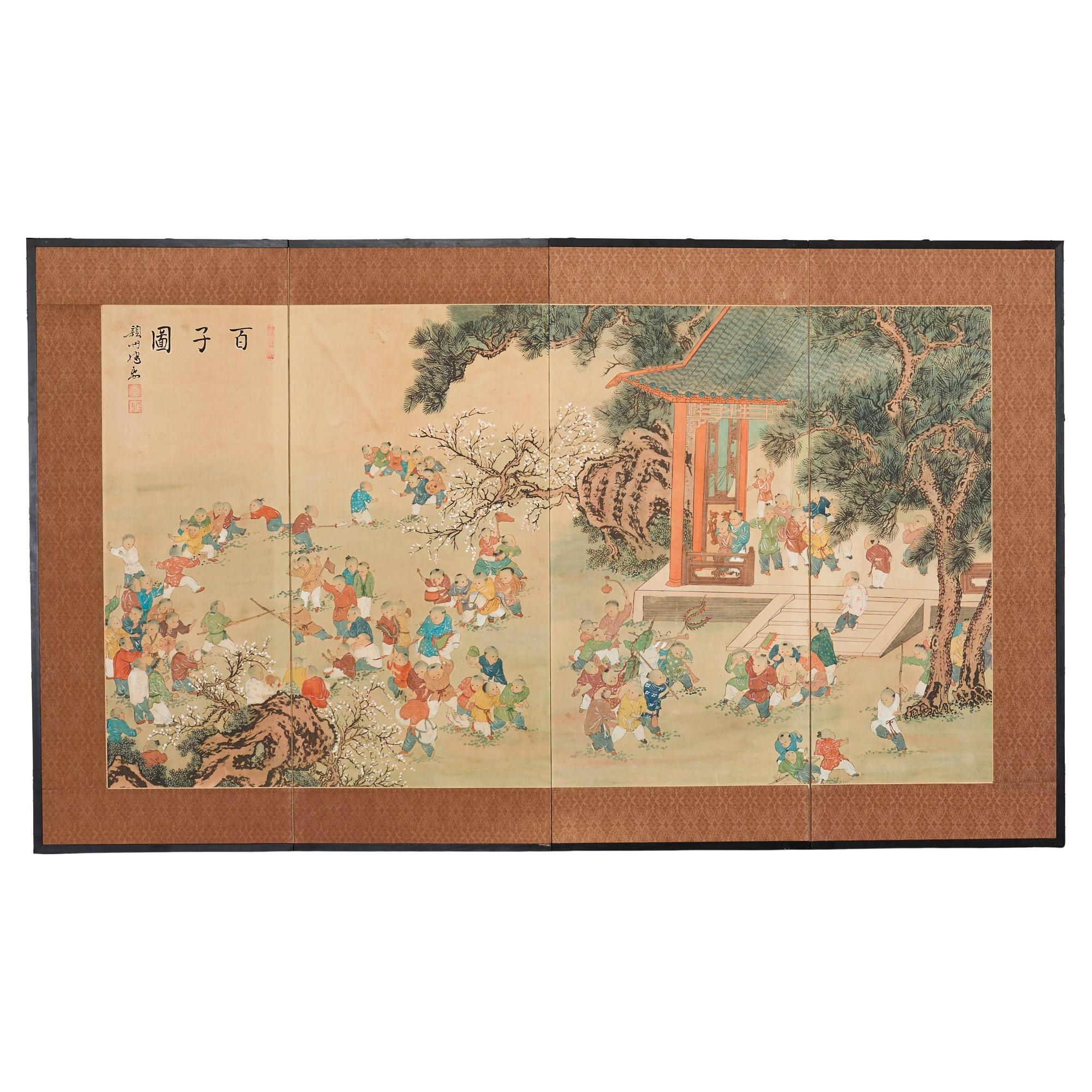 Kano School Four Panel Screen One Hundred Boys For Sale