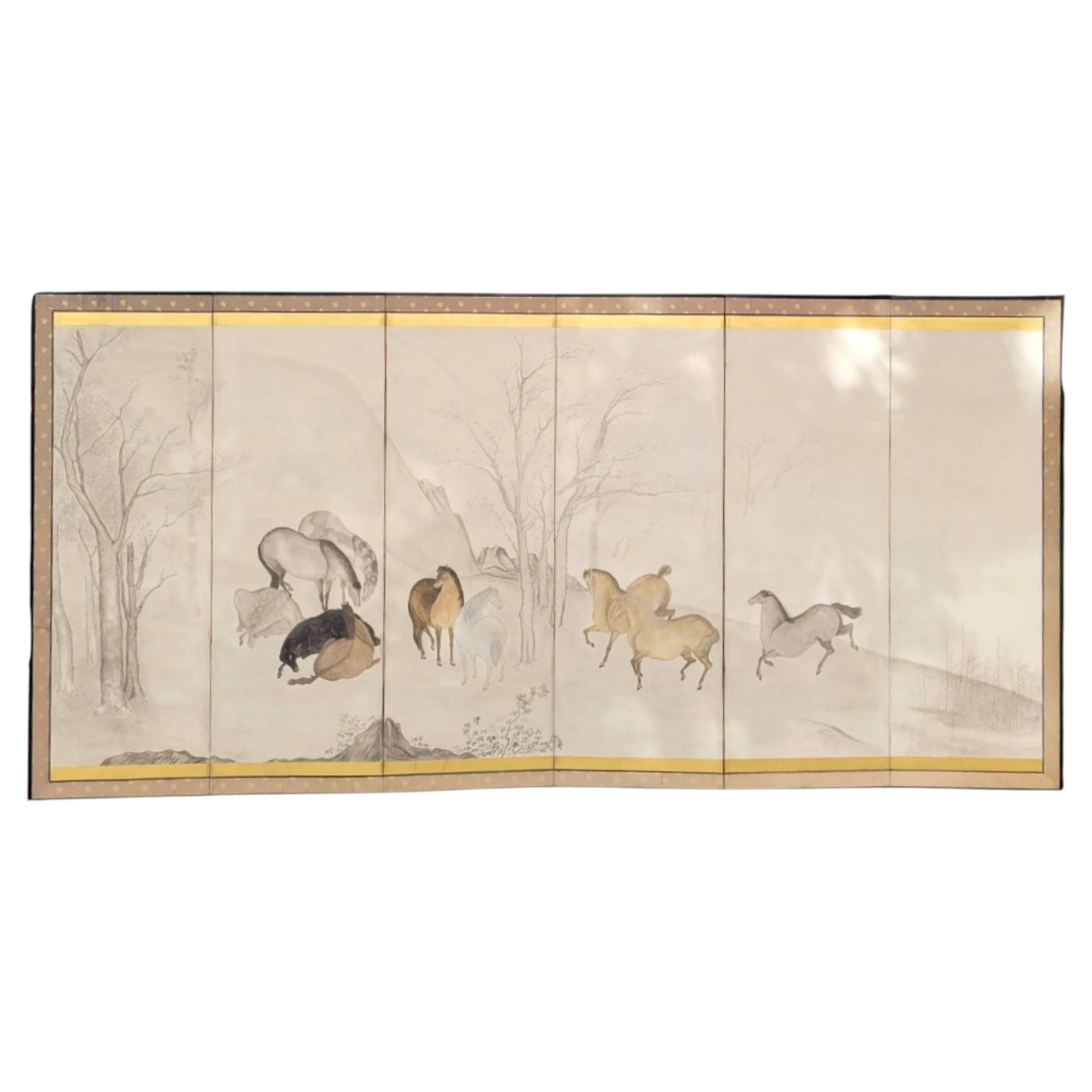 Kano School Japan Byôbu Screen “Wild Horses”, Kano School, Edo period