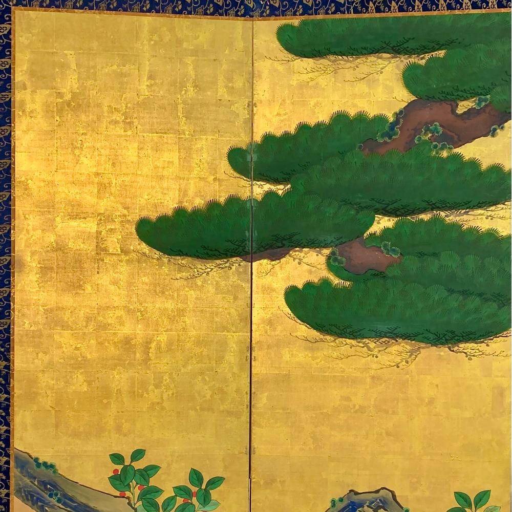 Hand-Painted  Kano school pine screen For Sale