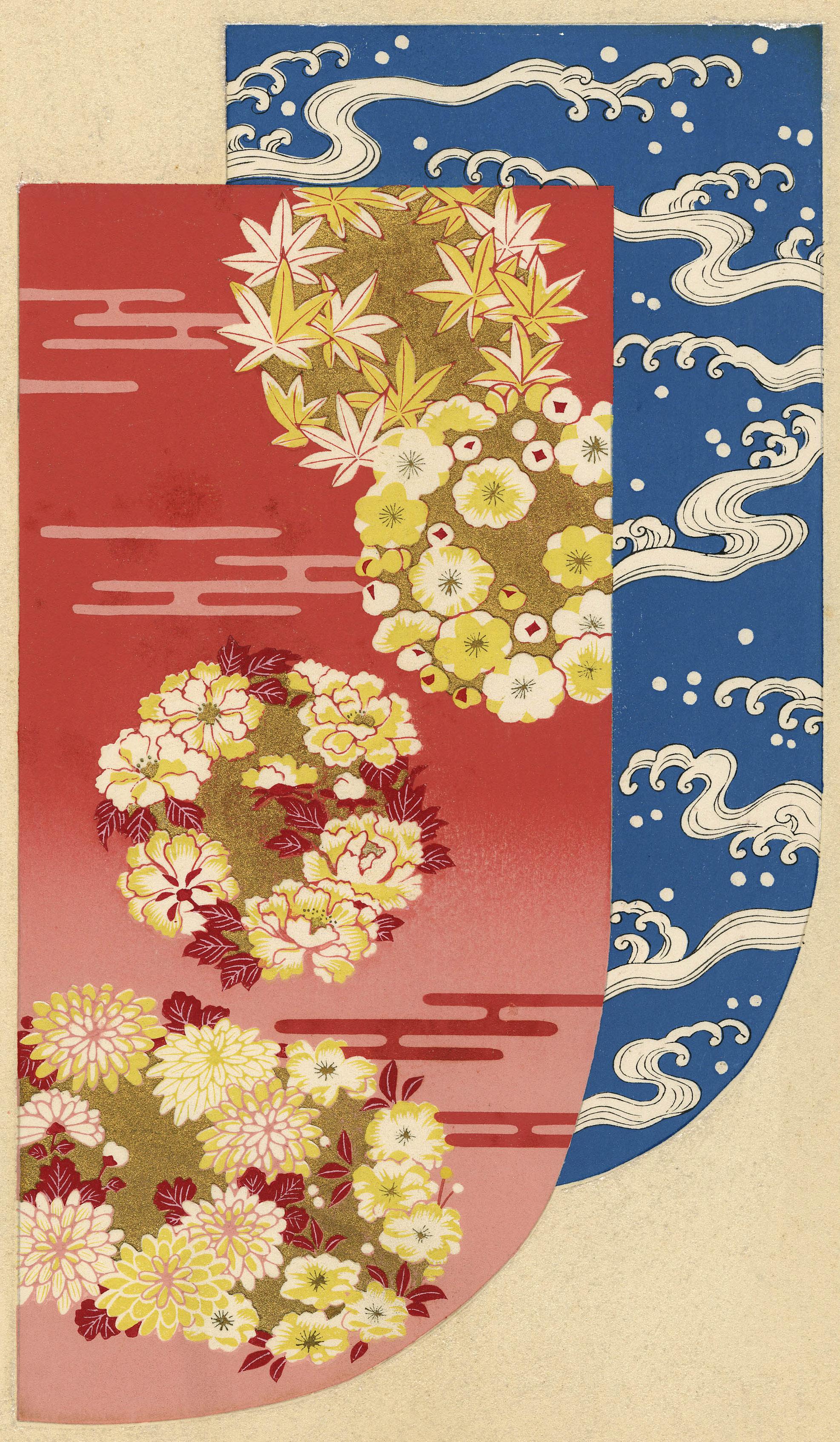 Kimono-Stoff-Design
Farbholzschnitt mit Pochoir-Verzierungen auf feinem Silberglimmergrund. 1936
Wie üblich ohne Vorzeichen
Aus 