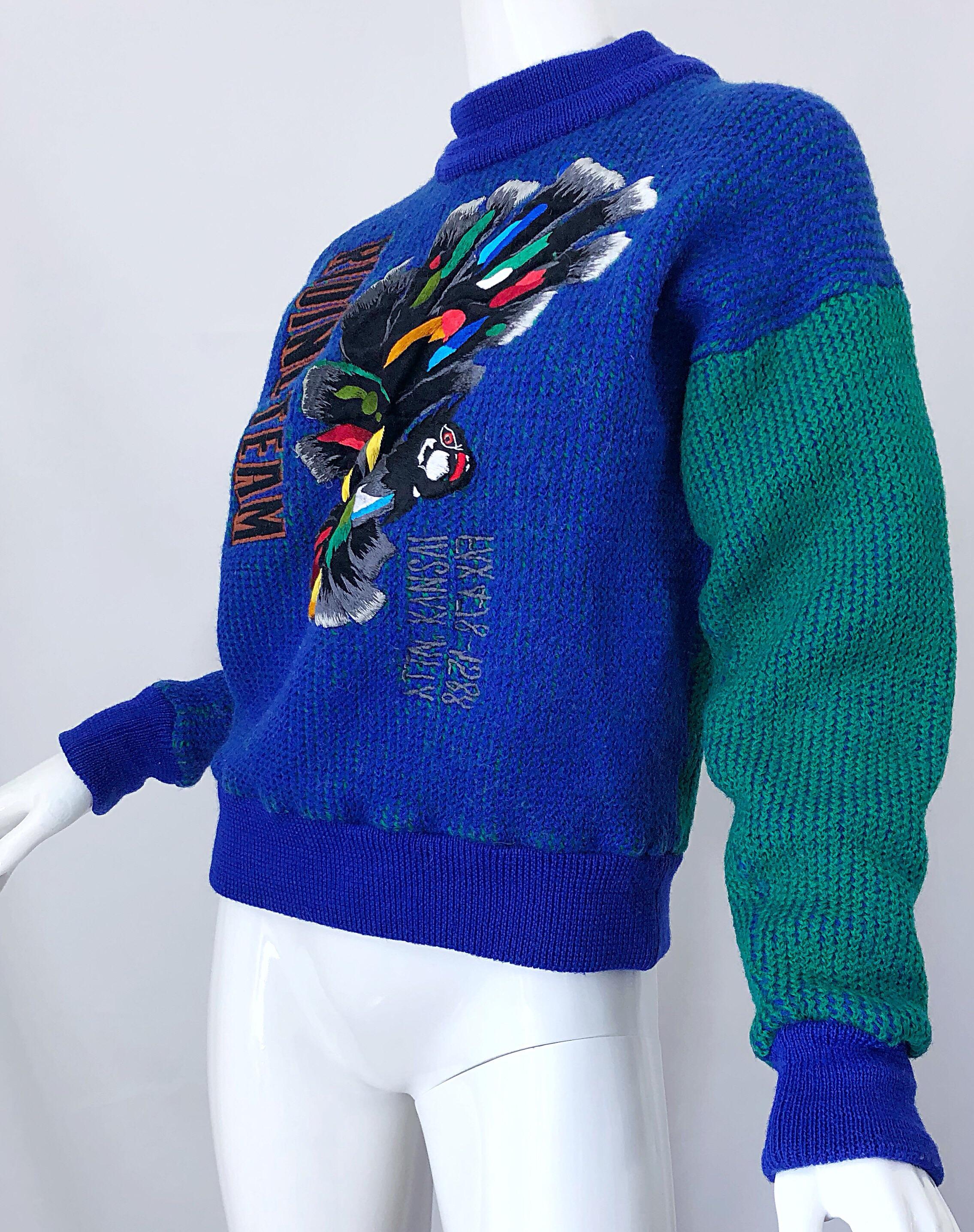 Kansai Yamamoto 1980s Riding Team Royal Blue Embroidered Novelty Wool Sweater For Sale 4