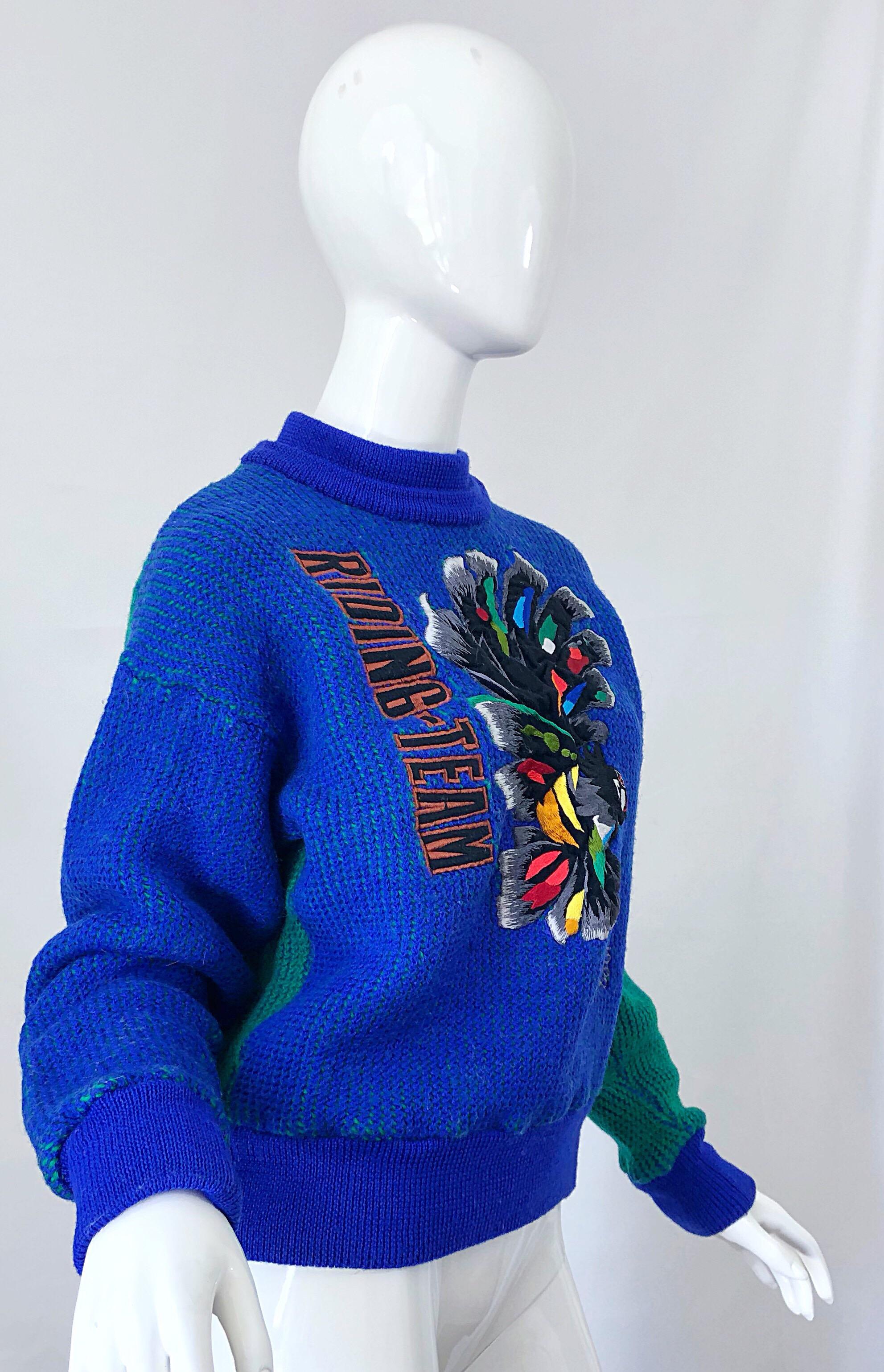 Kansai Yamamoto 1980s Riding Team Royal Blue Embroidered Novelty Wool Sweater For Sale 6