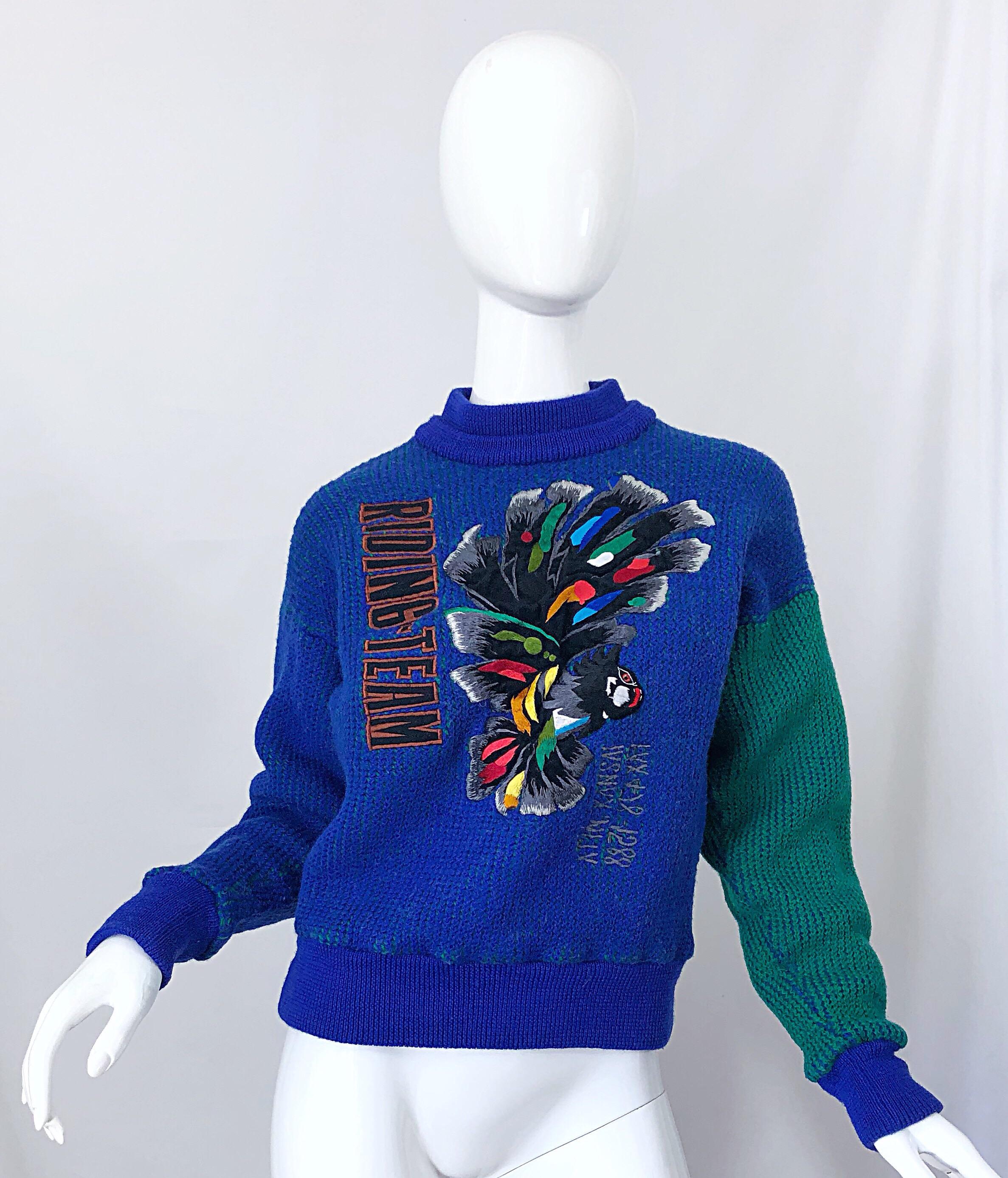 Kansai Yamamoto 1980s Riding Team Royal Blue Embroidered Novelty Wool Sweater For Sale 9