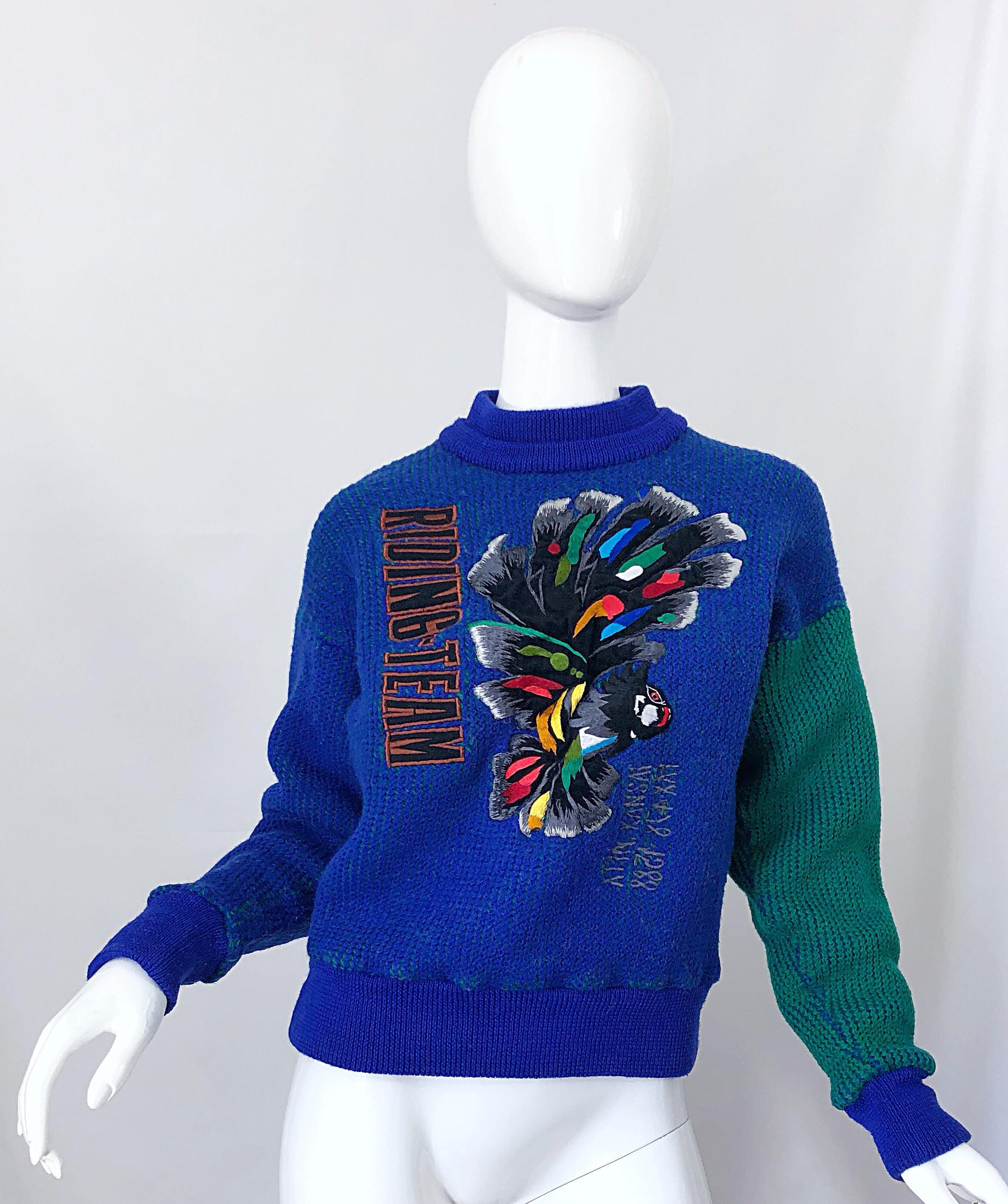 Rare 1980s vintage KANSAI YAMAMOTO royal blue and green color block novelty ' Riding Team ' embroidered wool sweater! Features a royal blue and green intarsia soft woven wool. Embroidery detail on the front. Simply slips over the head. The perfect