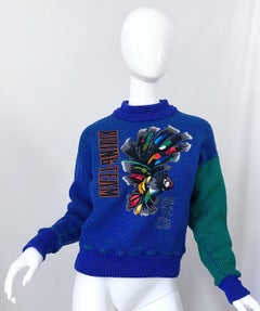 Kansai Yamamoto 1980s Riding Team Royal Blue Embroidered Novelty Wool Sweater