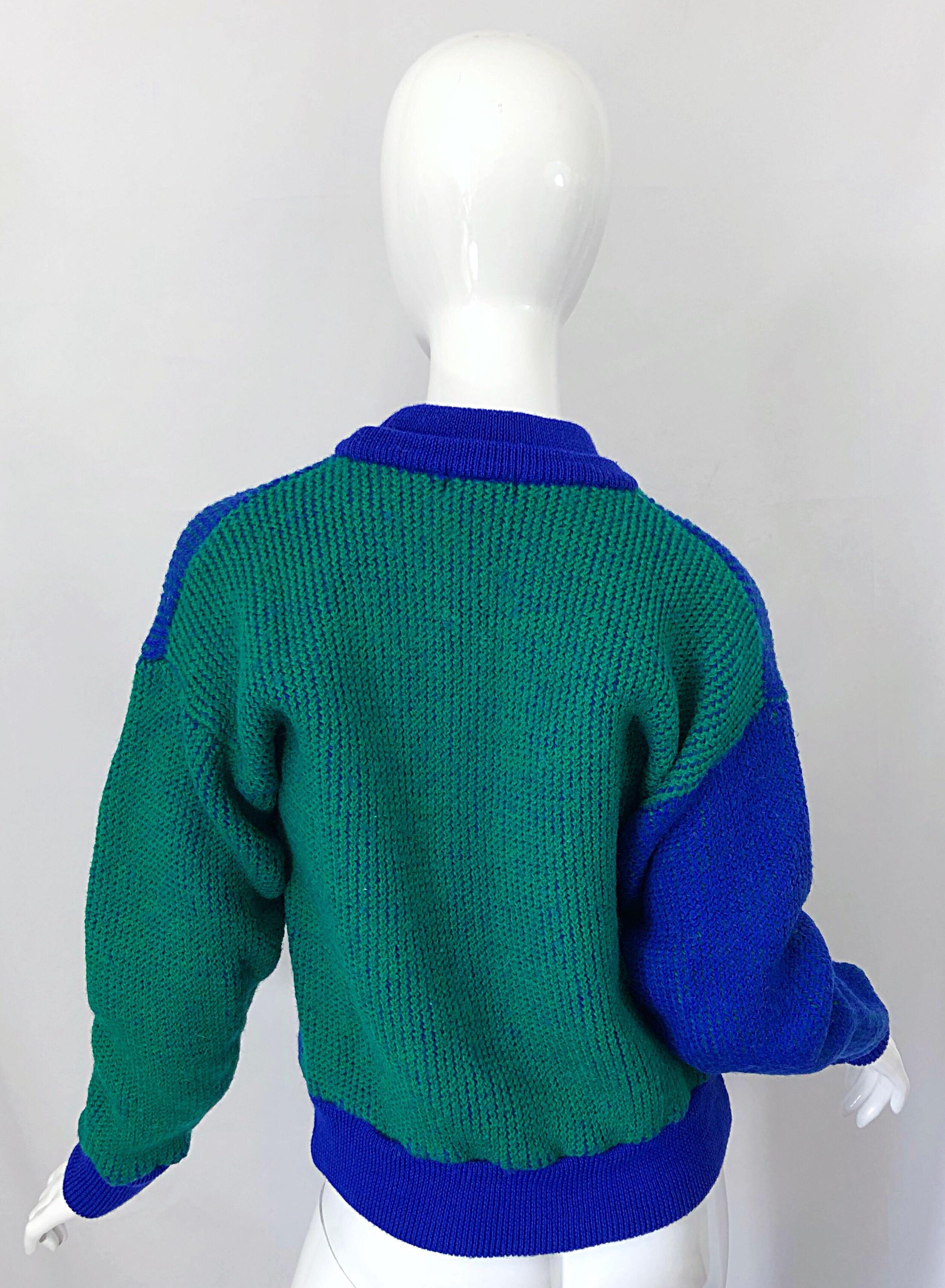 Blu Kansai Yamamoto 1980, squadra di equitazione, maglione di lana ricamato in blu reale in vendita