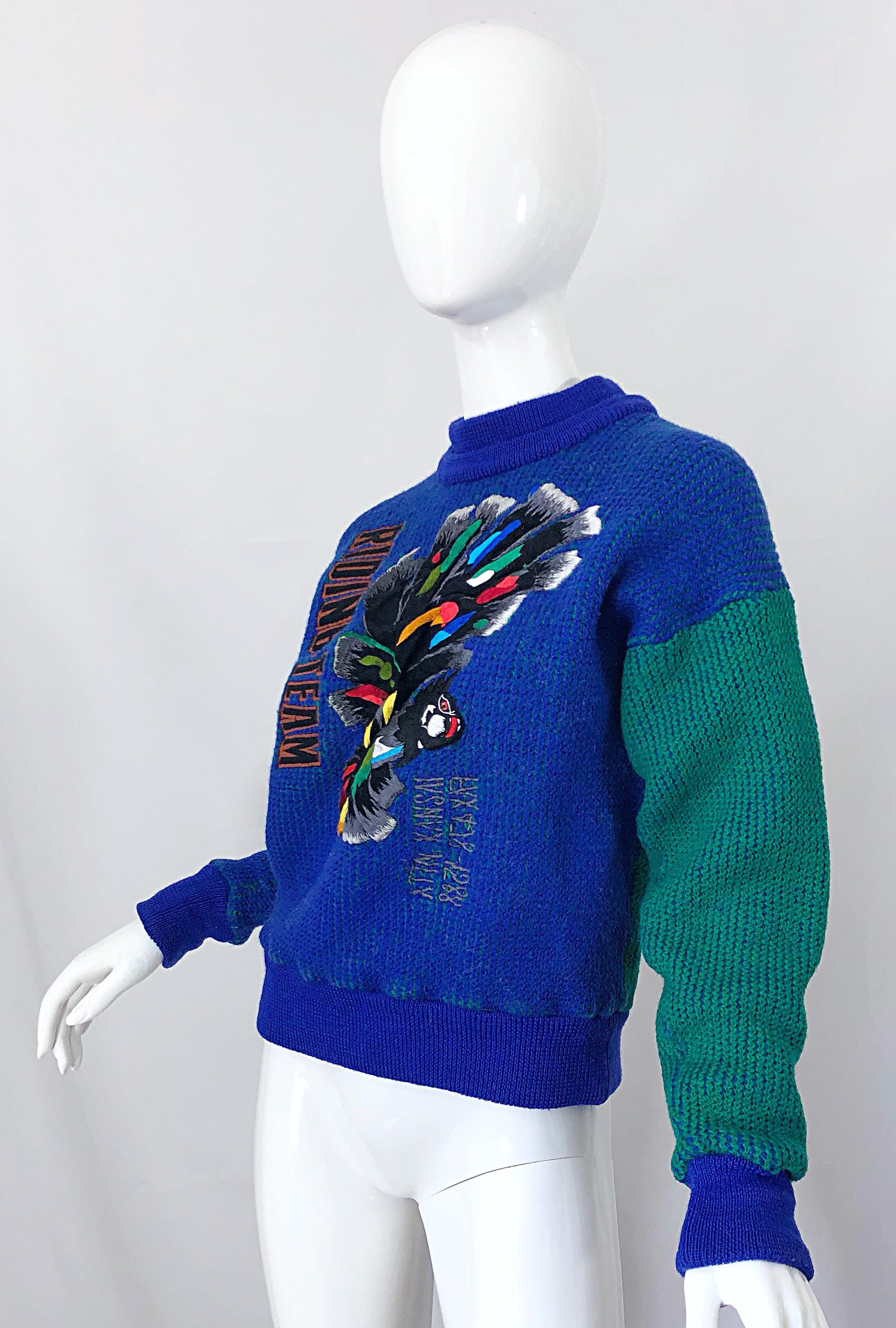 Kansai Yamamoto 1980s Riding Team Royal Blue Embroidered Novelty Wool Sweater In Excellent Condition For Sale In San Diego, CA