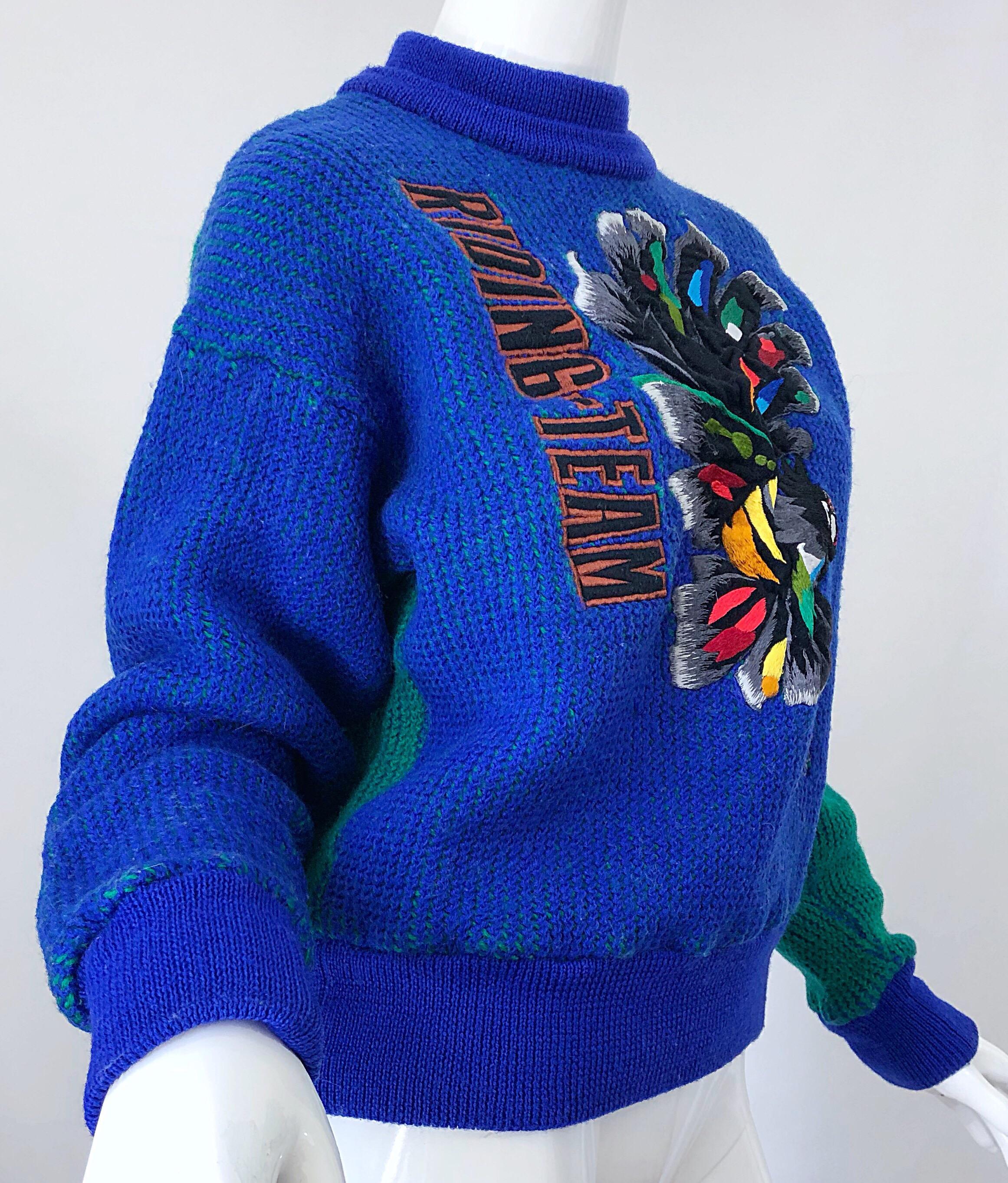 Women's or Men's Kansai Yamamoto 1980s Riding Team Royal Blue Embroidered Novelty Wool Sweater For Sale