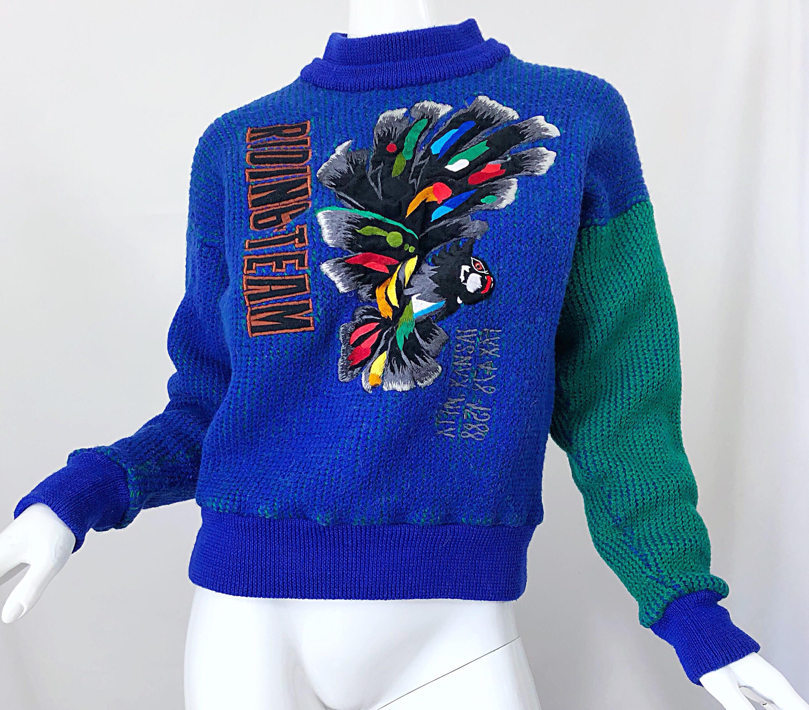 Kansai Yamamoto 1980s Riding Team Royal Blue Embroidered Novelty Wool Sweater For Sale 2