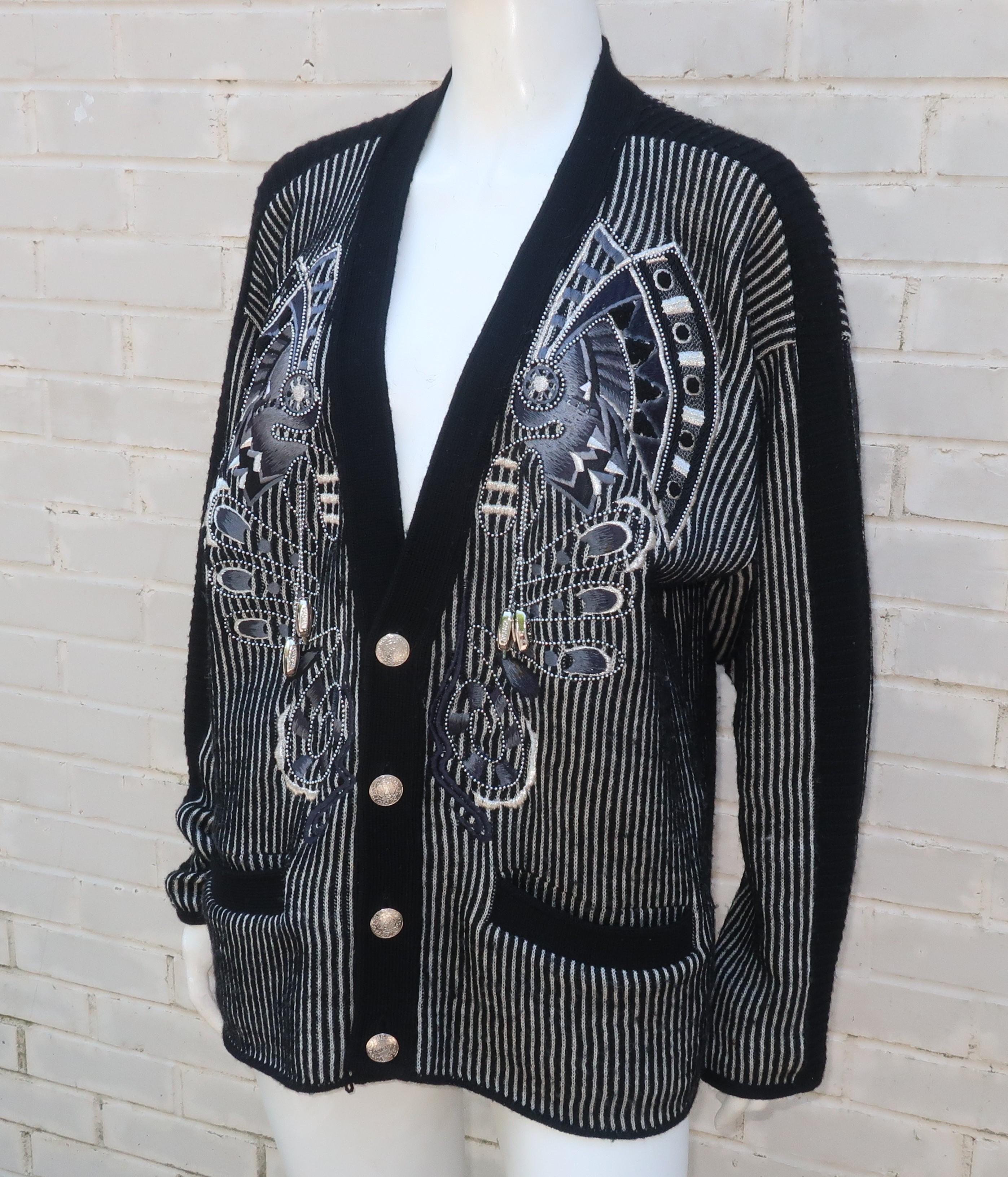 Kansai Yamamoto Black, White & Silver Beaded Wool Sweater, 1980's In Fair Condition In Atlanta, GA