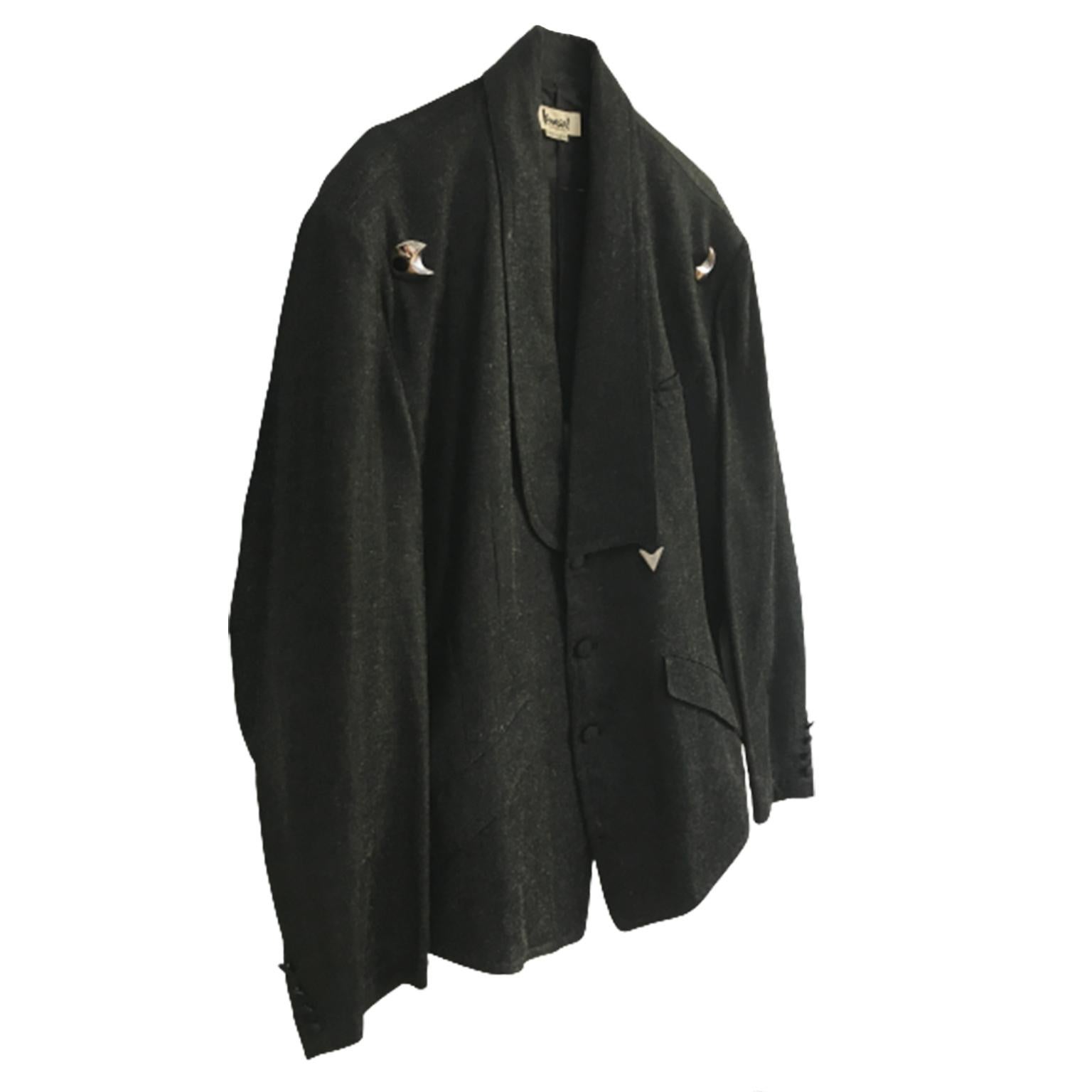 Kansai Yamamoto Dark Grey Jacket Pantsuit Circa Mid 80s In Good Condition For Sale In Berlin, DE