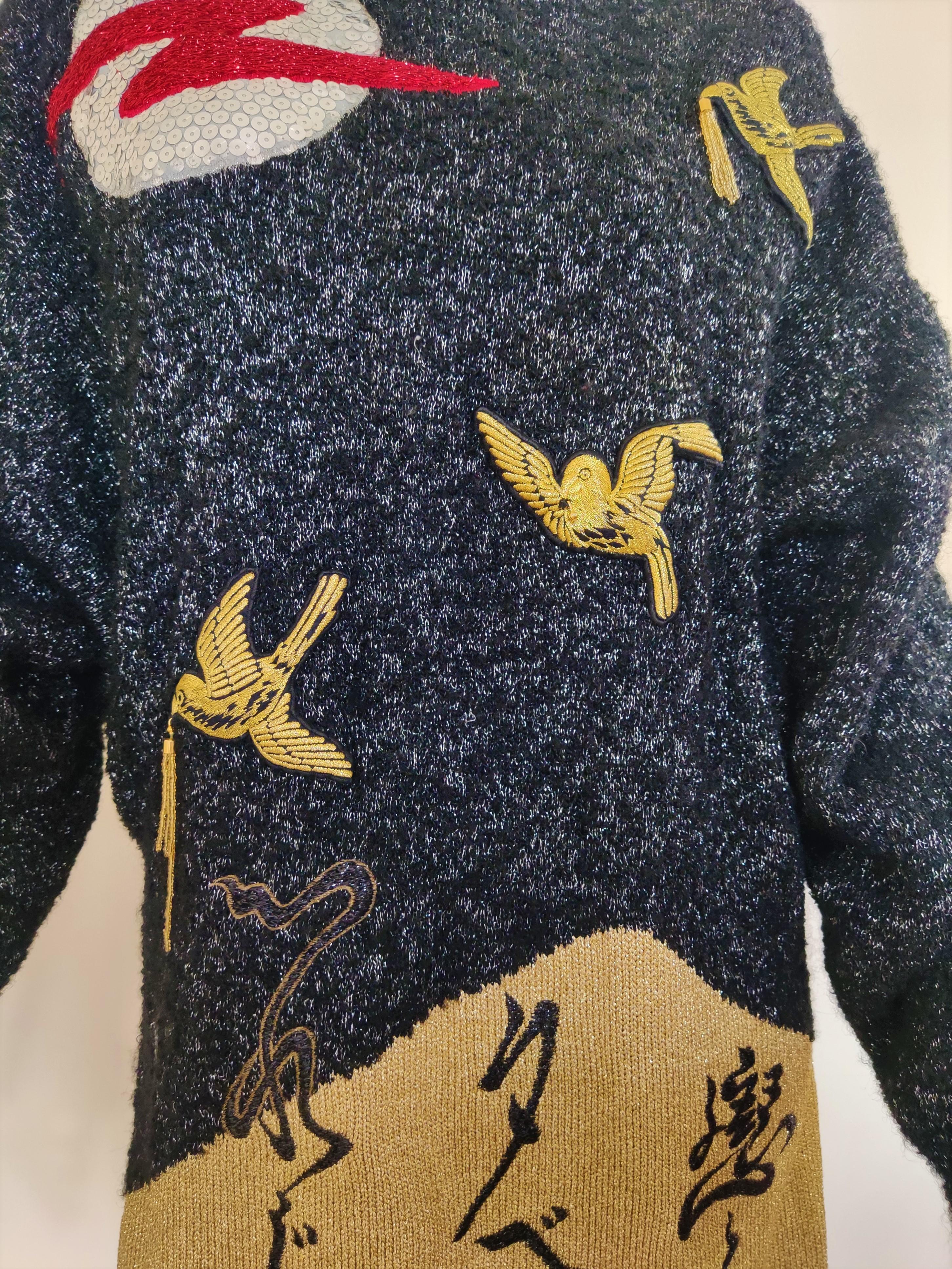 Kansai Yamamoto Japanischer Pullover-Anzug mit Vogel Lurex und Metallic-Muster (Schwarz) im Angebot