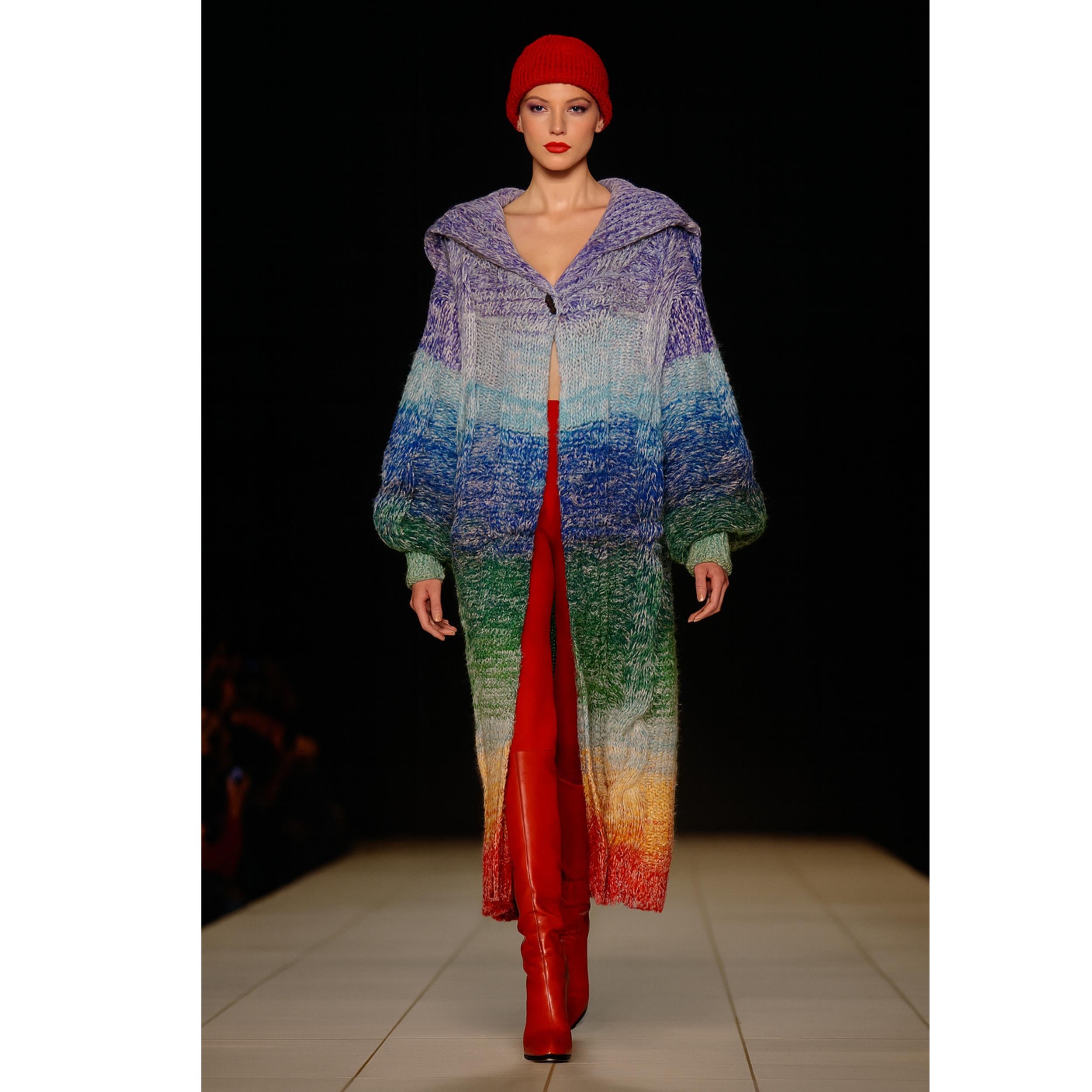Kansai Yamamoto Rainbow Knit Sweater Long Maxi Duster Vintage 1970s Rare Glam In Good Condition For Sale In Port Saint Lucie, FL