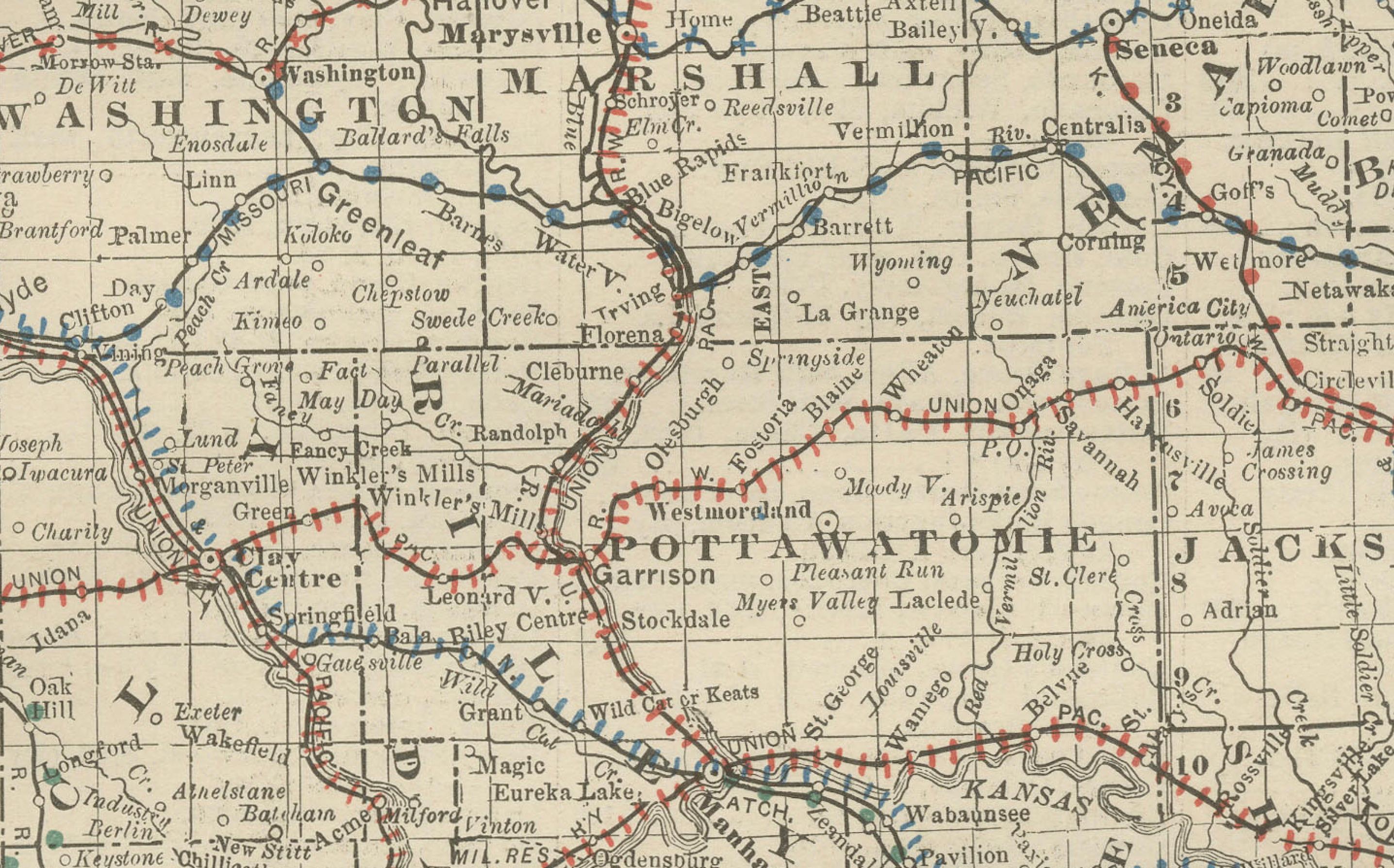 Kansas Railroad Map 1888 – Rand McNally Antique Lithograph

This antique 1888 map of Kansas by Rand, McNally & Co. offers a detailed view of the state during a period of rapid expansion and settlement in the late 19th century. The map emphasizes the