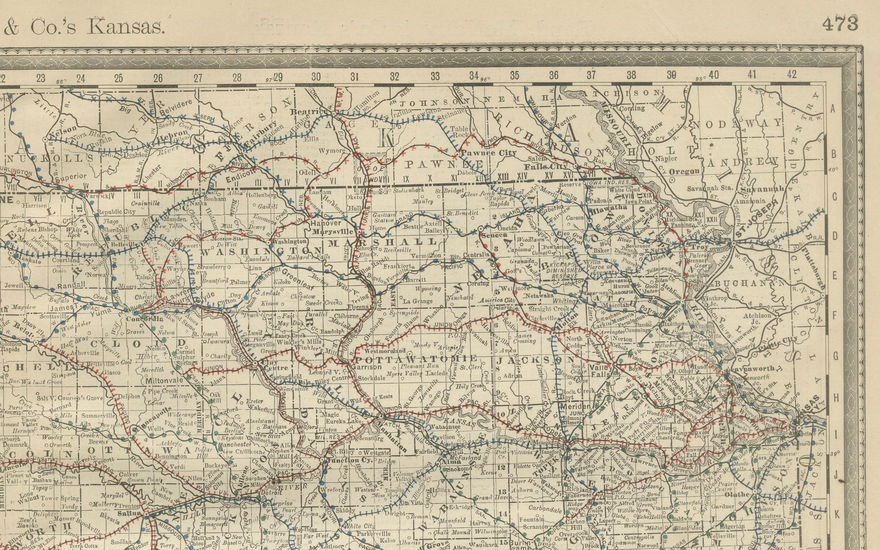 American Kansas Railroad Map 1888 – Rand McNally Antique Lithograph For Sale