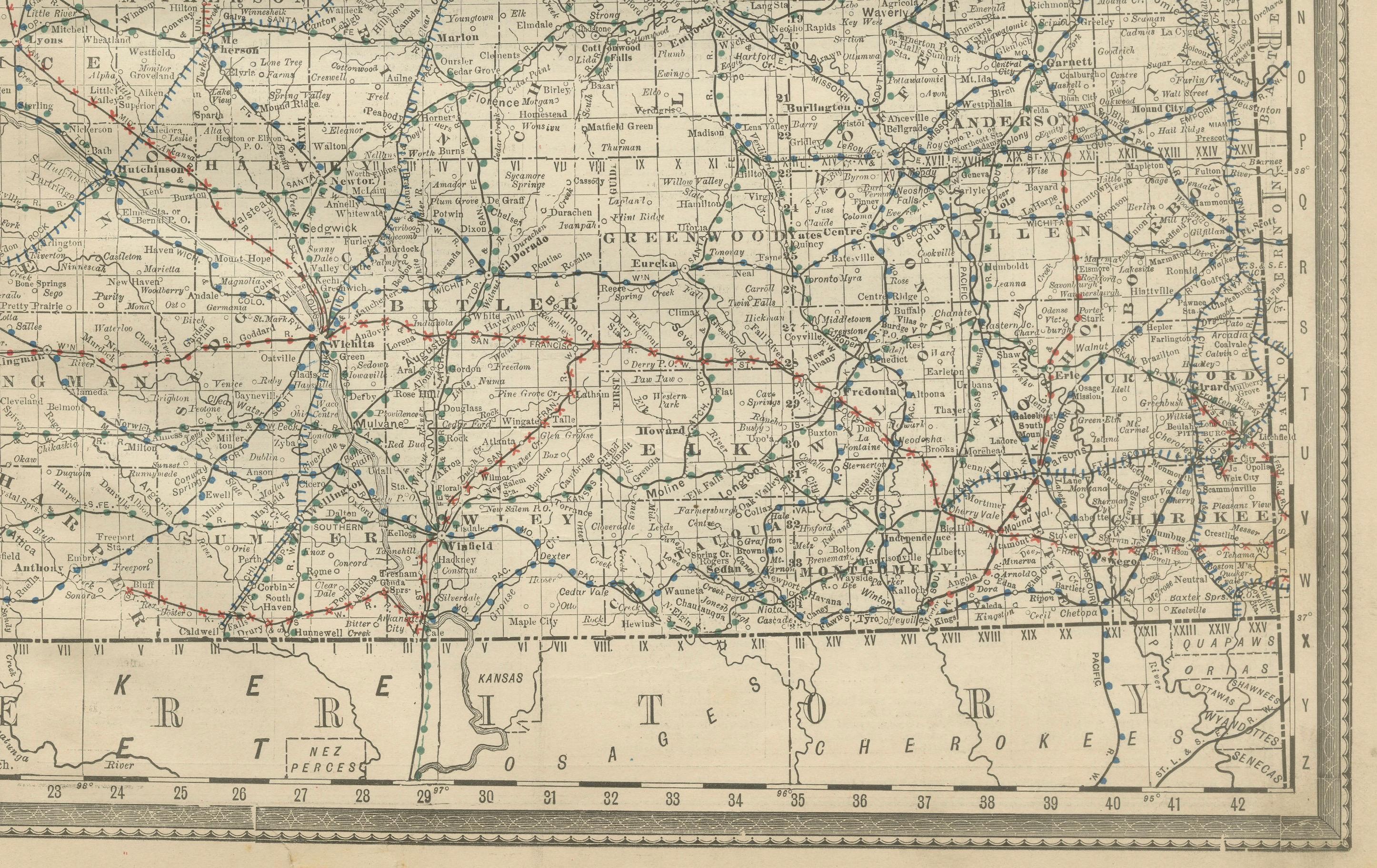 Engraved Kansas Railroad Map 1888 – Rand McNally Antique Lithograph For Sale