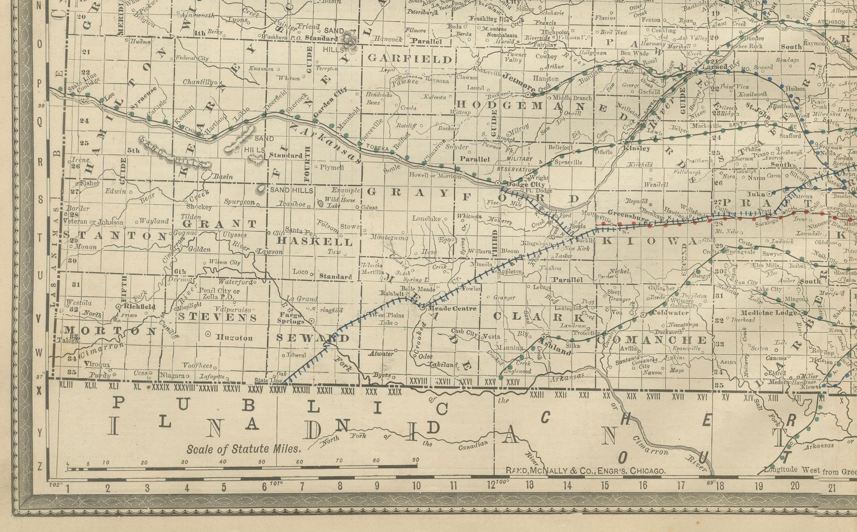 Kansas Railroad Map 1888 – Rand McNally Antique Lithograph In Good Condition For Sale In Langweer, NL