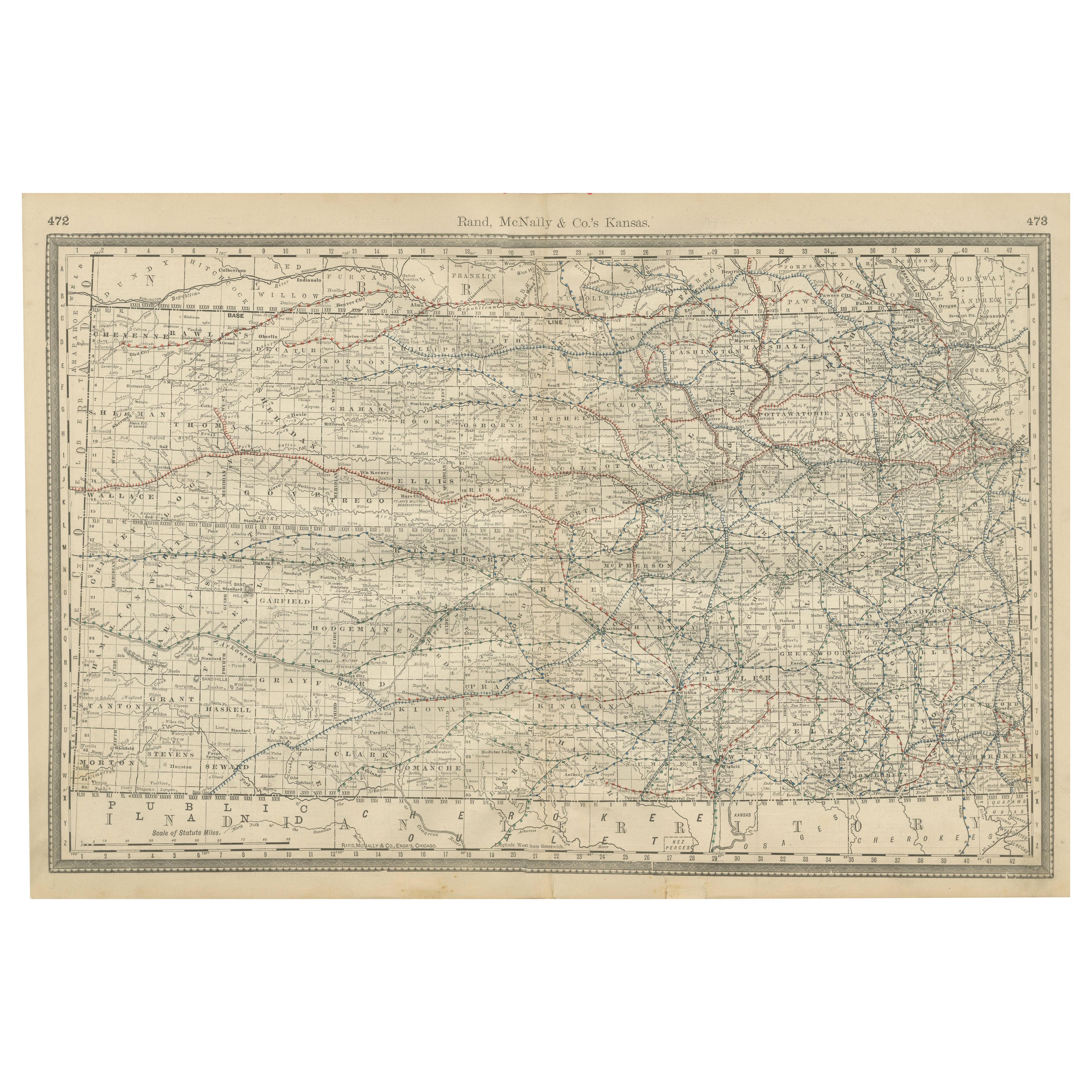 Kansas Railroad Map 1888 – Rand McNally Antique Lithograph For Sale