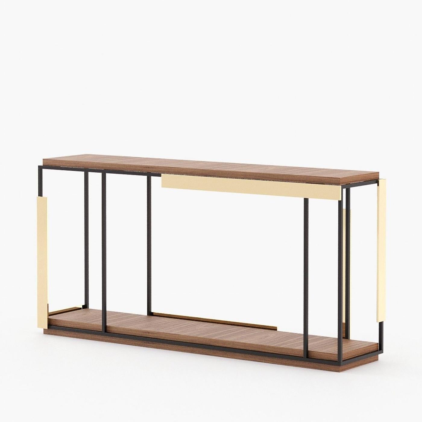 Console Table Kanta Walnut with stainless steel structure
in black matte finish and with up and down wooden top
in walnut veneer in natural finish. With polished stainless
steel details in gold finish.
Also available on request in grey oak matte, or