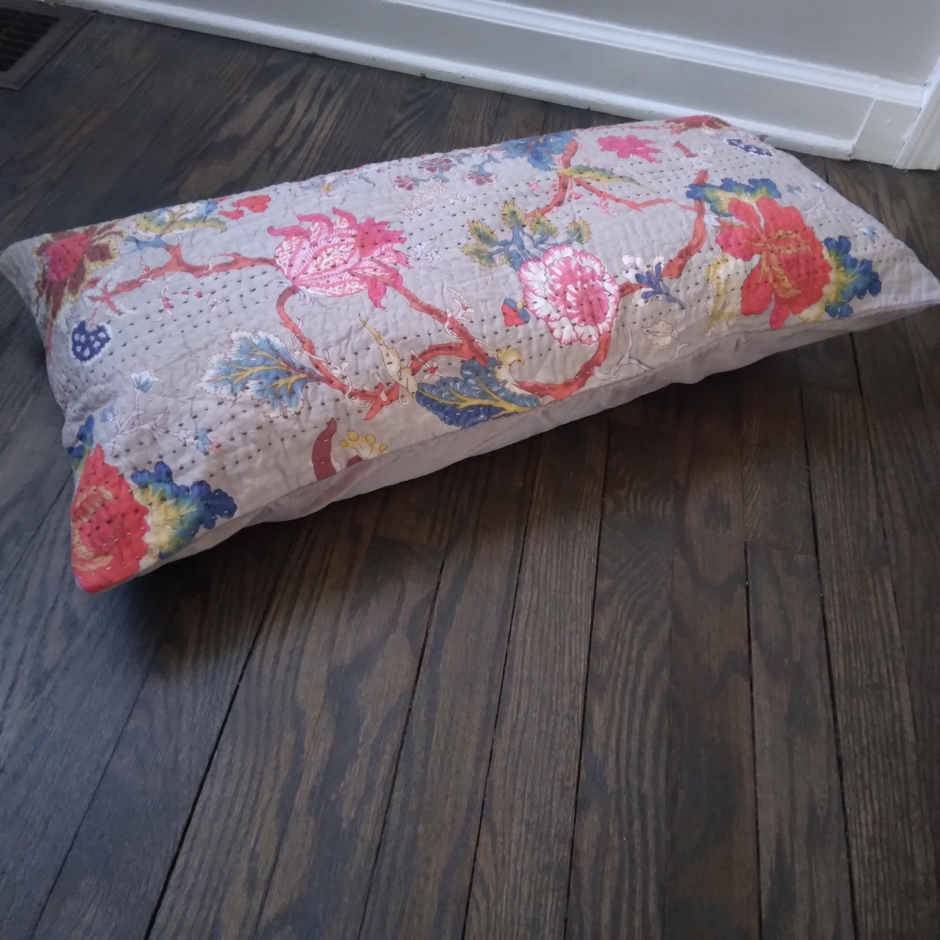 Contemporary Kantha-inspired Botanical Lumbar Bolster Pillow in Pink and Gray  For Sale