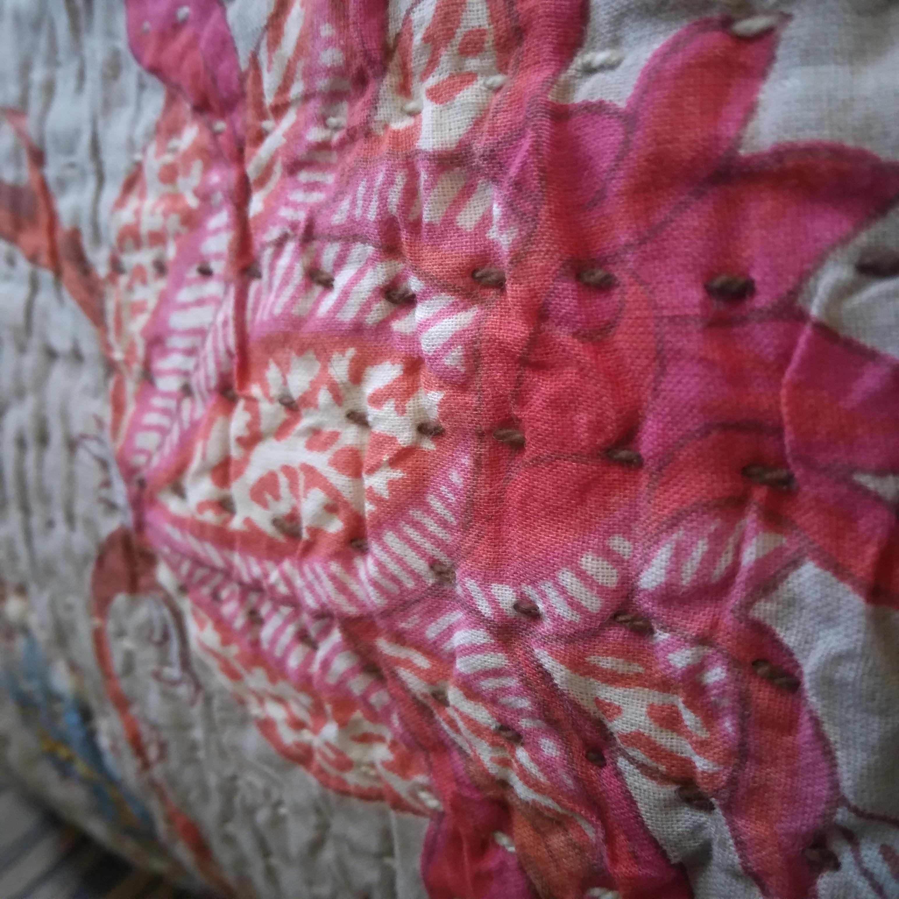 Polyester Kantha-inspired Botanical Lumbar Bolster Pillow in Pink and Gray  For Sale
