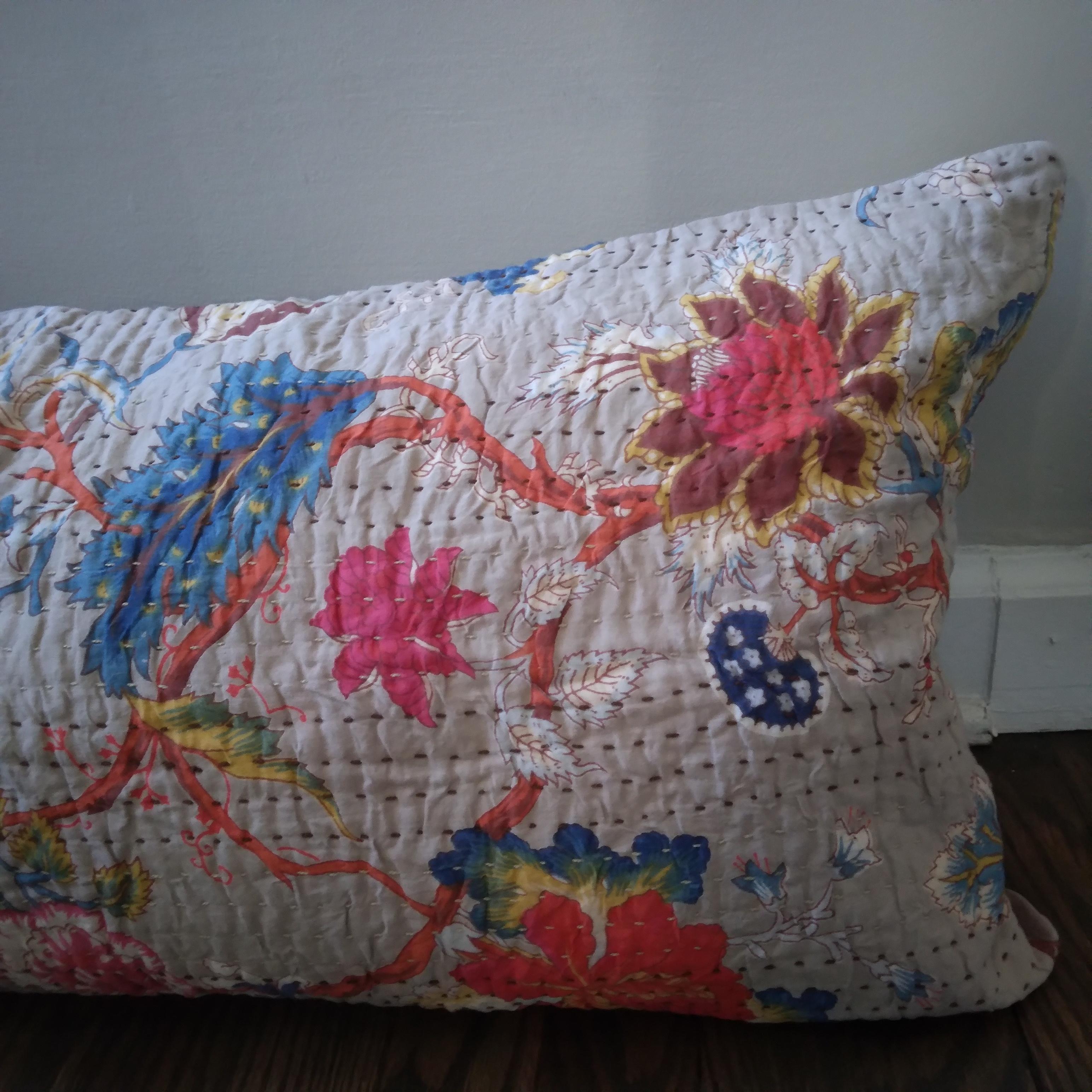 Kantha-inspired Botanical Lumbar Bolster Pillow in Pink and Gray  For Sale 1