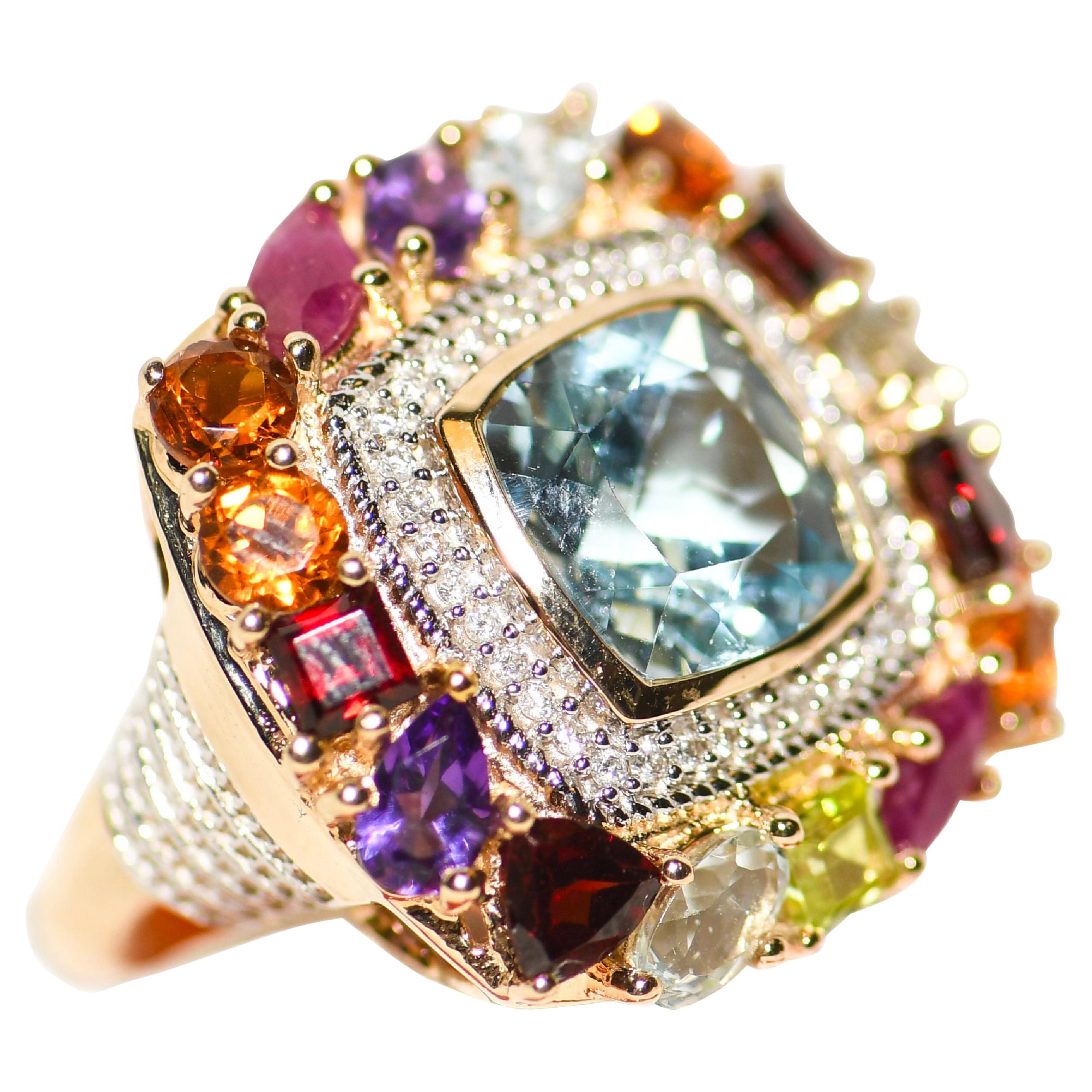 Kantis 14k Cushion Cut Blue Topaz Ruby Peridot Garnet Amethyst and Diamond Ring For Sale