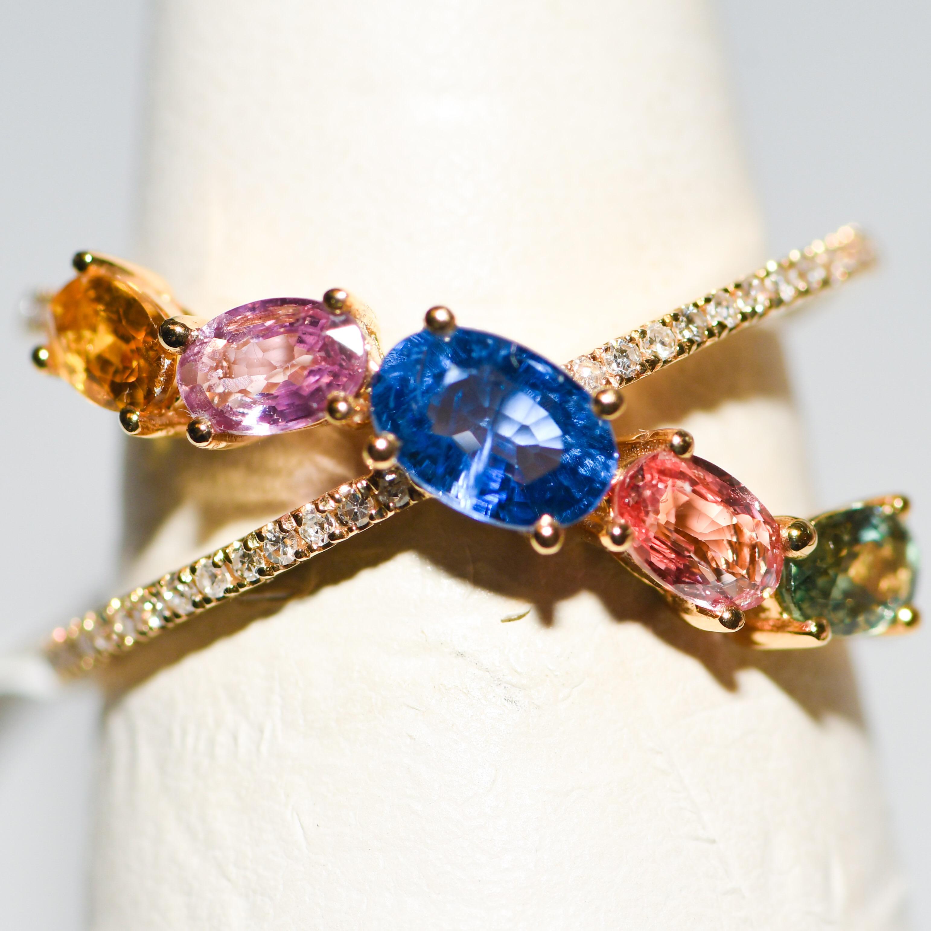 Contemporary Kantis 18 Karat Criss Cross Ring with Diamonds and Sapphires For Sale