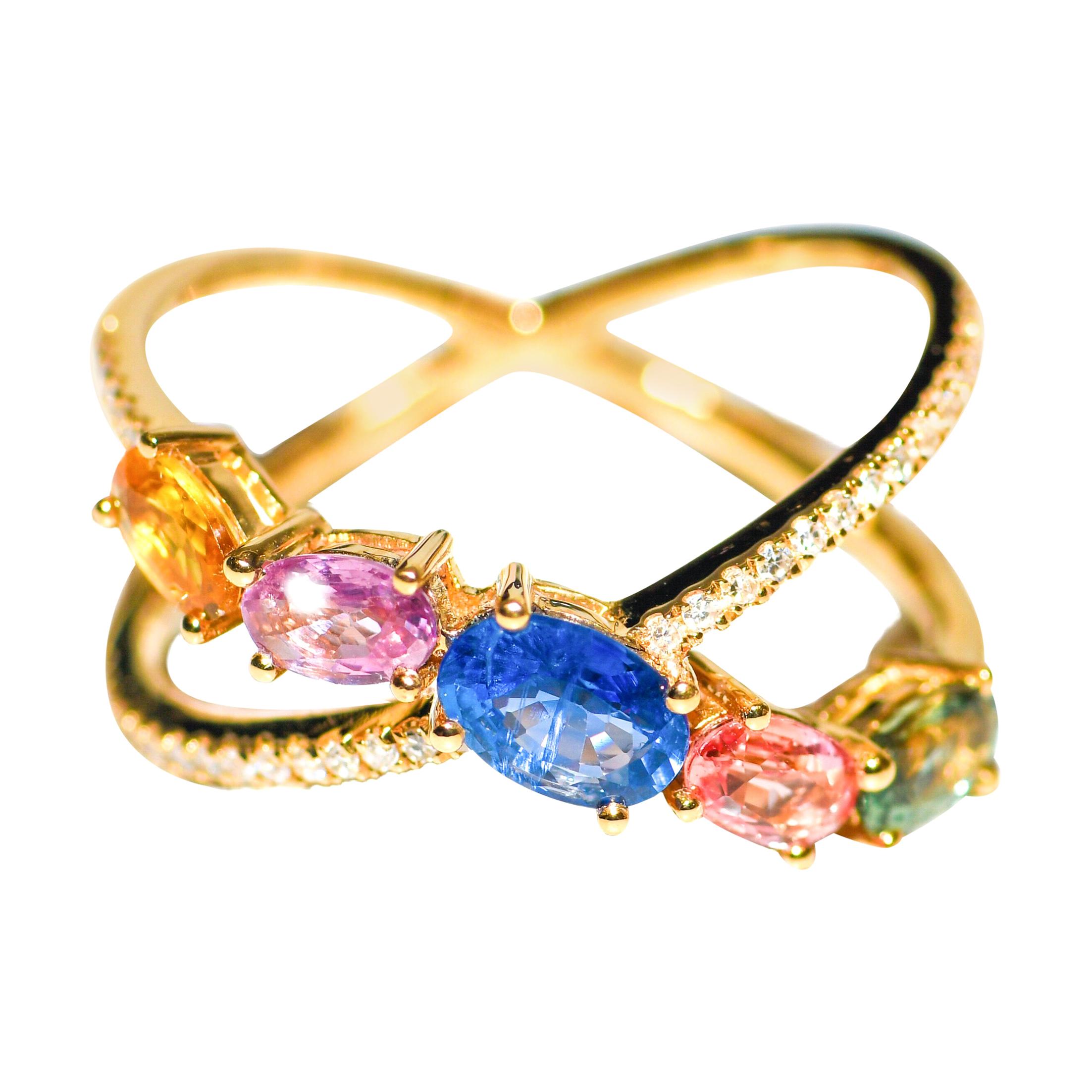 Kantis 18 Karat Criss Cross Ring with Diamonds and Sapphires For Sale