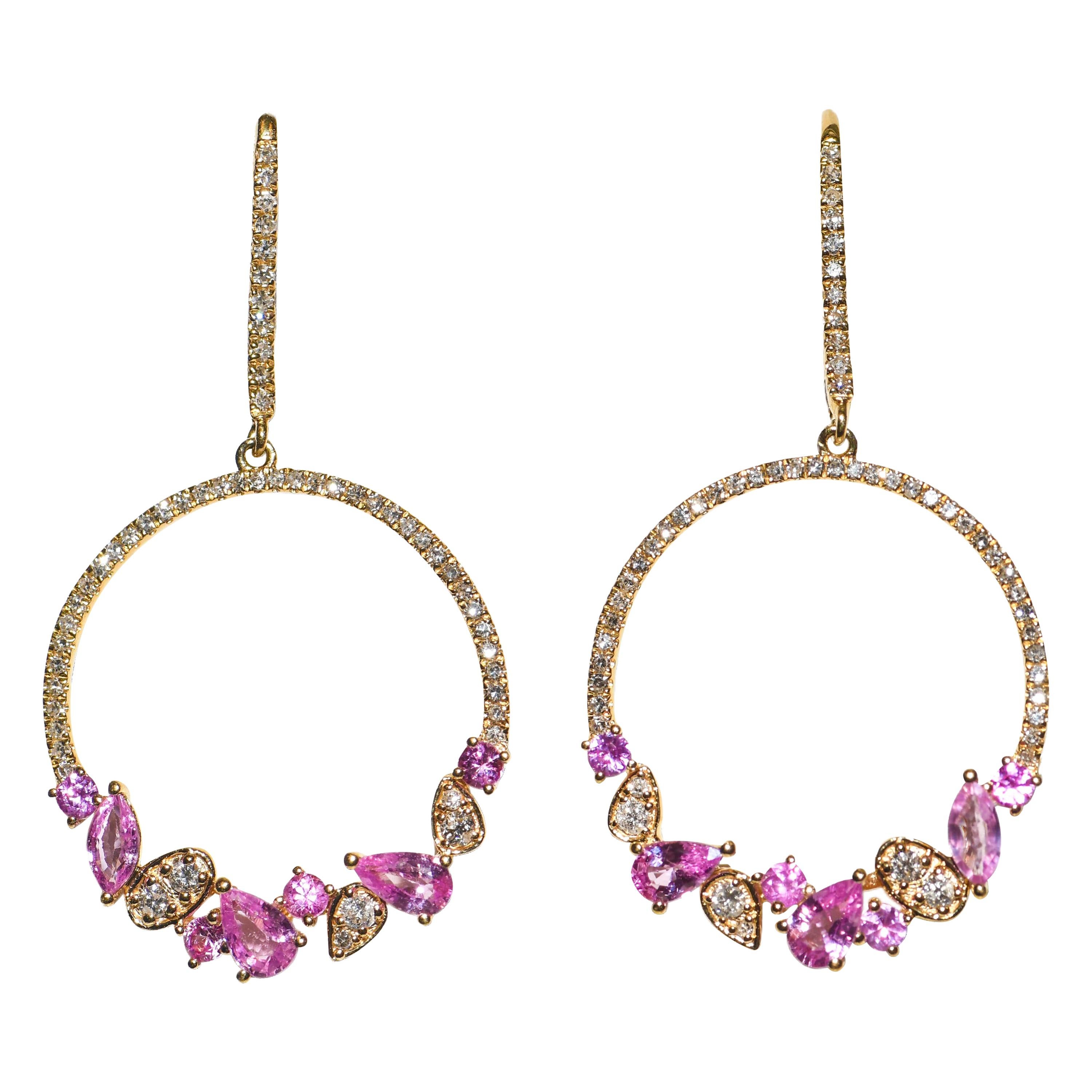 Kantis 18 Karat Diamond and Pink Sapphires Dangling Drop Circles Earrings For Sale