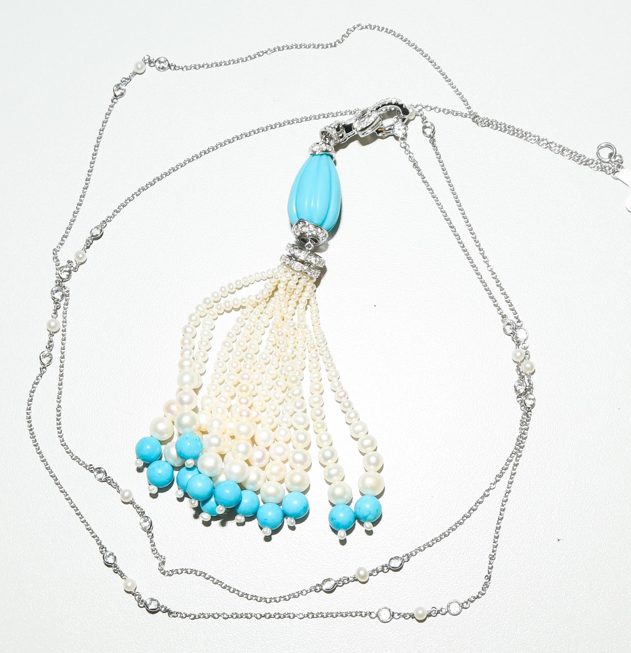 Artisan Kantis 18 Karat Diamond, Pearl and Sleeping Beauty Turquoise Tassle Necklace For Sale