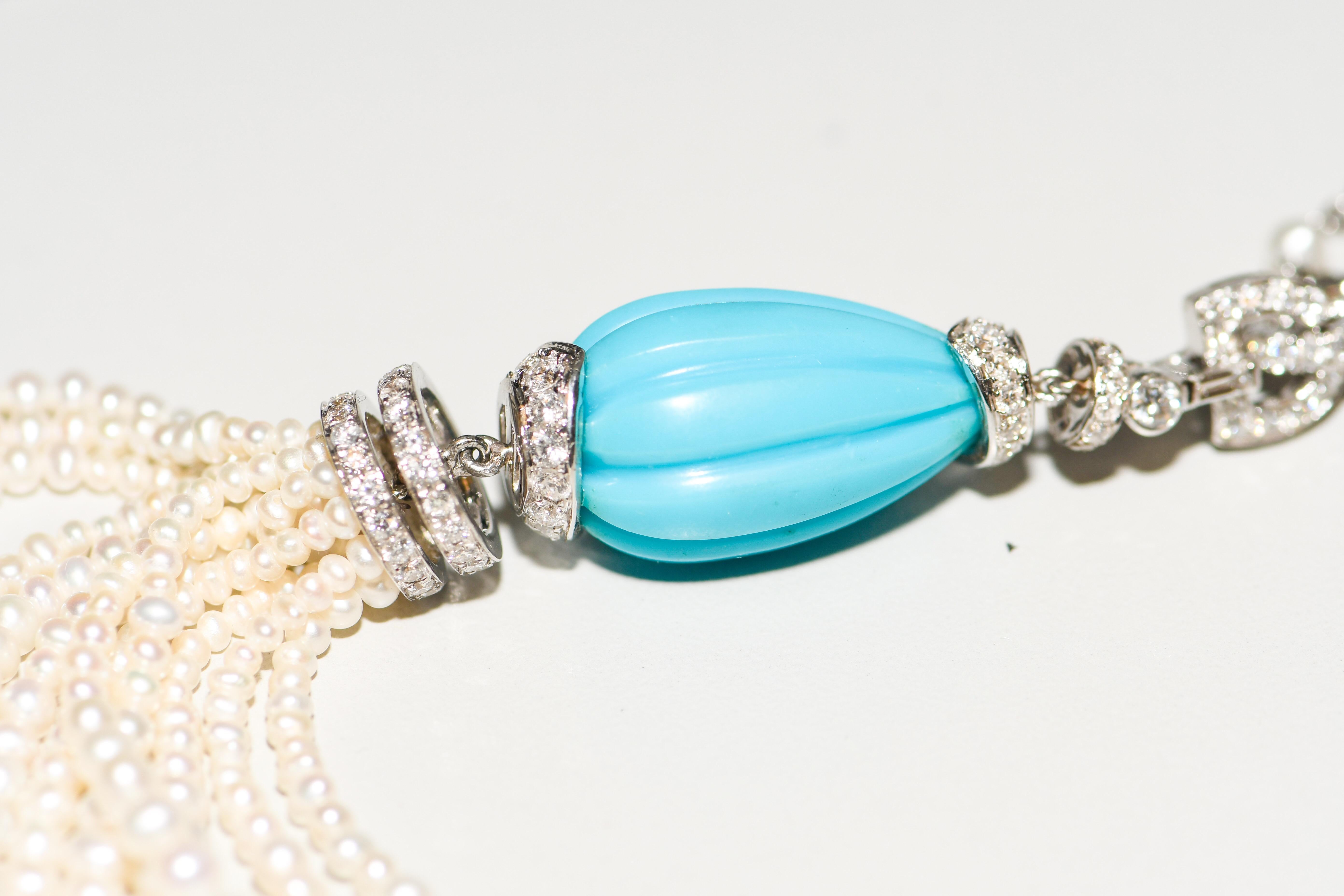 Kantis 18 Karat Diamond, Pearl and Sleeping Beauty Turquoise Tassle Necklace In New Condition For Sale In Palm Beach, FL
