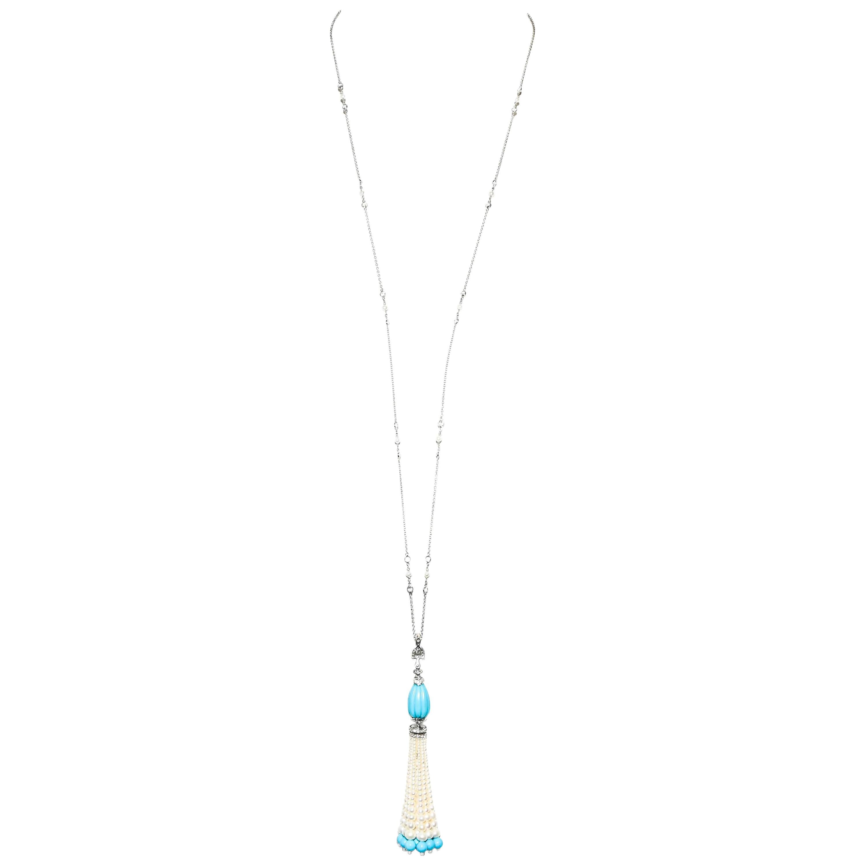 Kantis 18 Karat Diamond, Pearl and Sleeping Beauty Turquoise Tassle Necklace For Sale