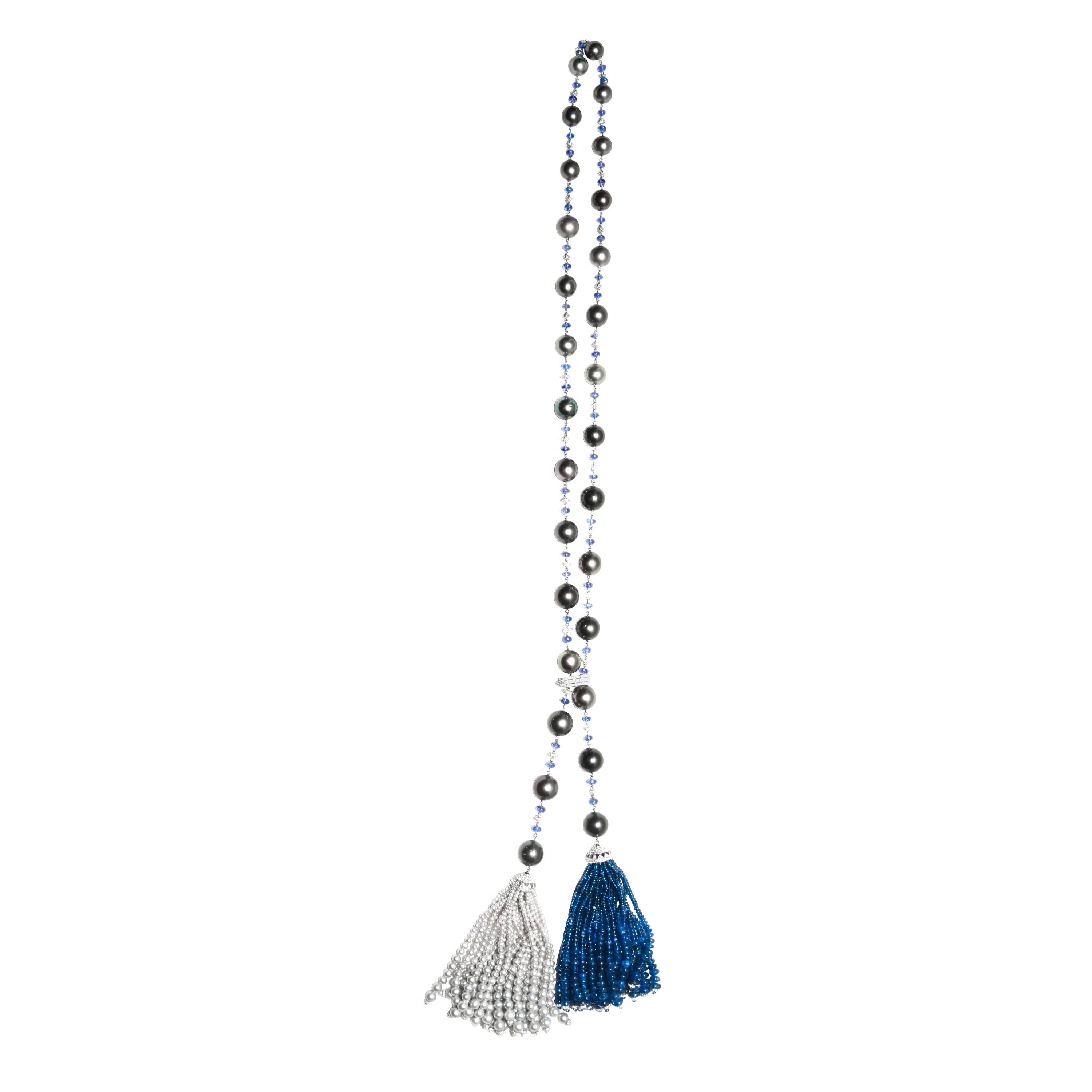 Kantis 18 Karat Diamond Tahitian Pearls Tanzanite Blue Emeralds Tassel Necklace For Sale