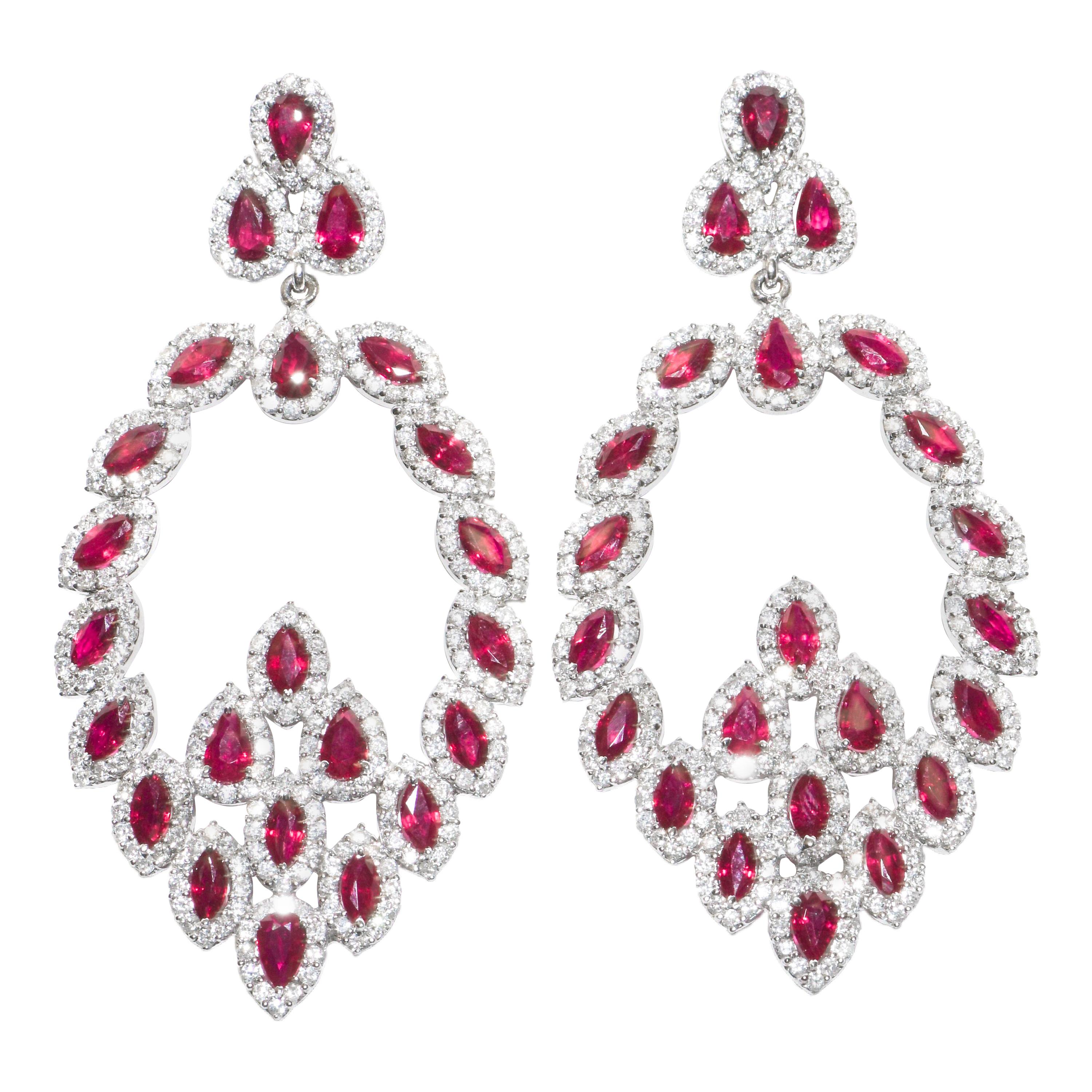 Kantis 18 Karat Marquise Rubies and Diamonds Pierced Drop Dangle Earrings For Sale