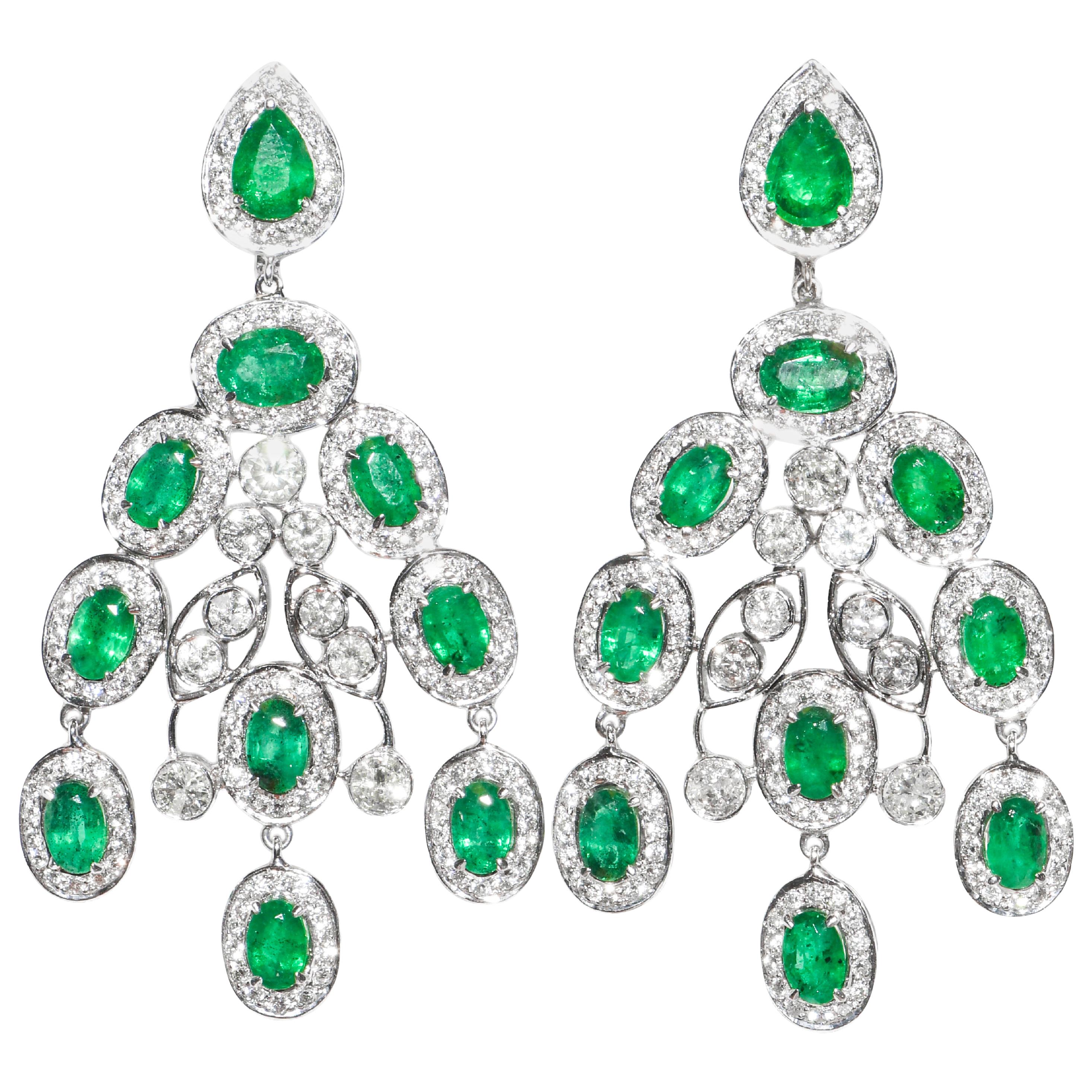 Kantis 18 Karat White Diamond and Oval Emeralds Pierced Dangle Drop Earrings