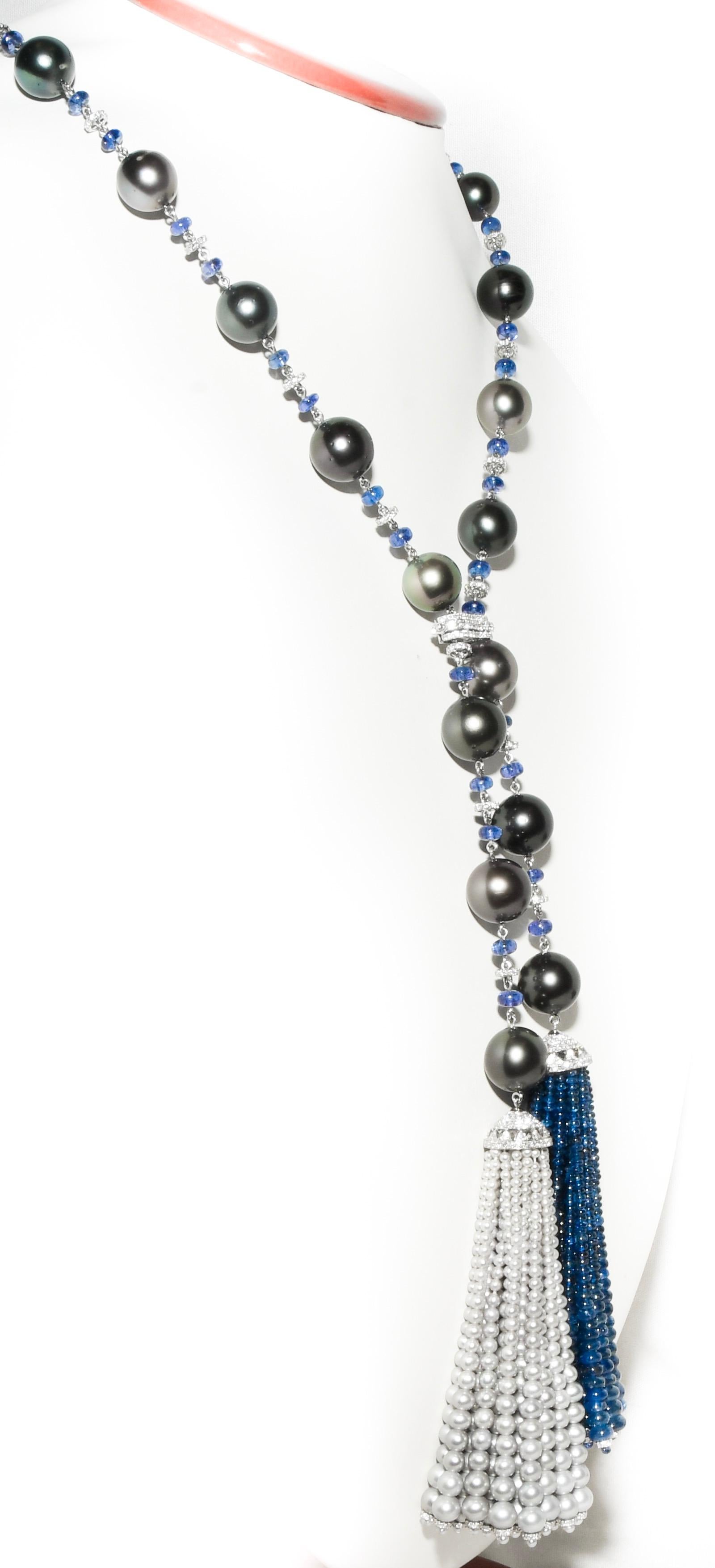 Artisan Kantis 18 Karat Diamond Tahitian Pearls Tanzanite Blue Emeralds Tassel Necklace For Sale