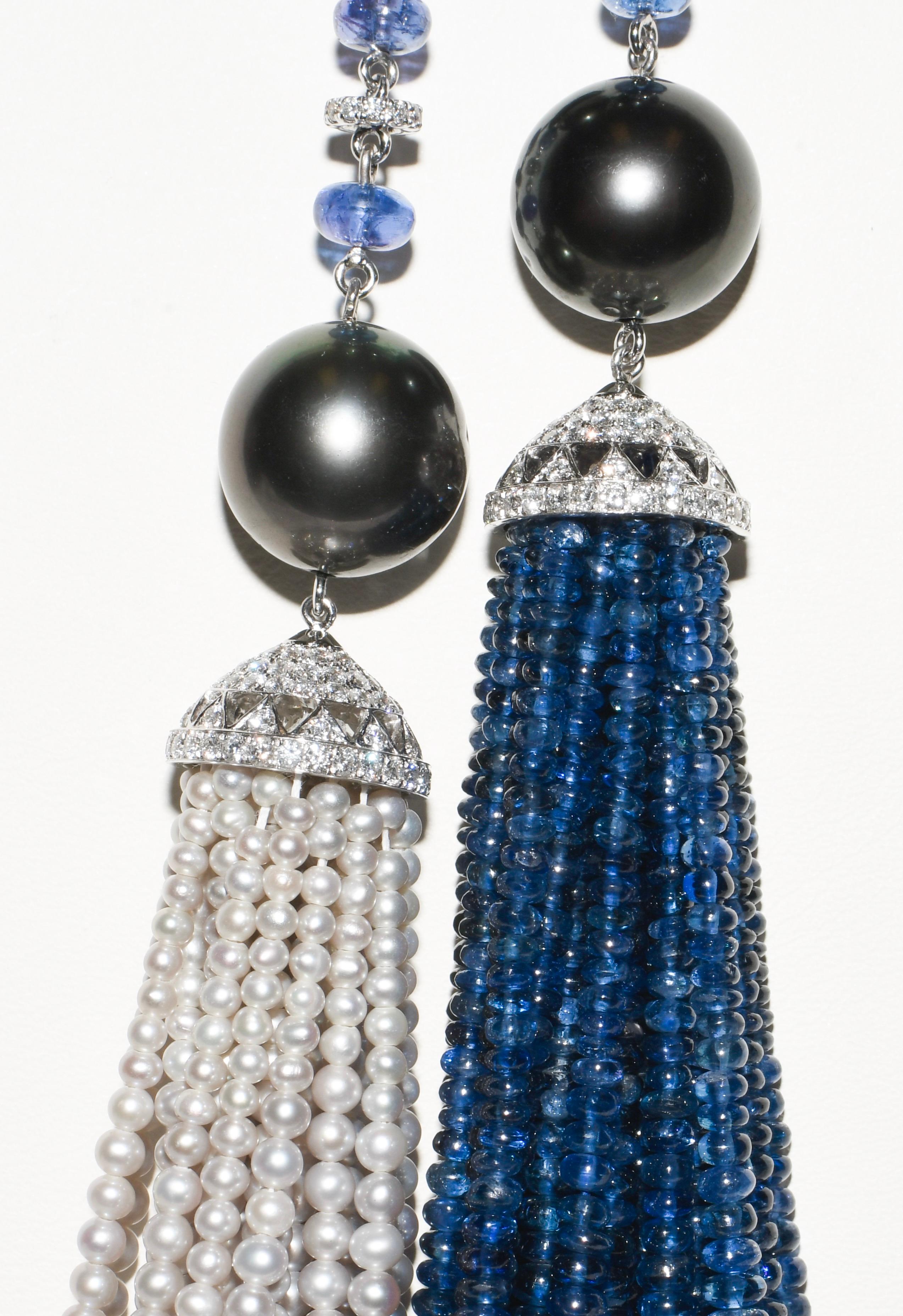 Kantis 18 Karat Diamond Tahitian Pearls Tanzanite Blue Emeralds Tassel Necklace In New Condition For Sale In Palm Beach, FL
