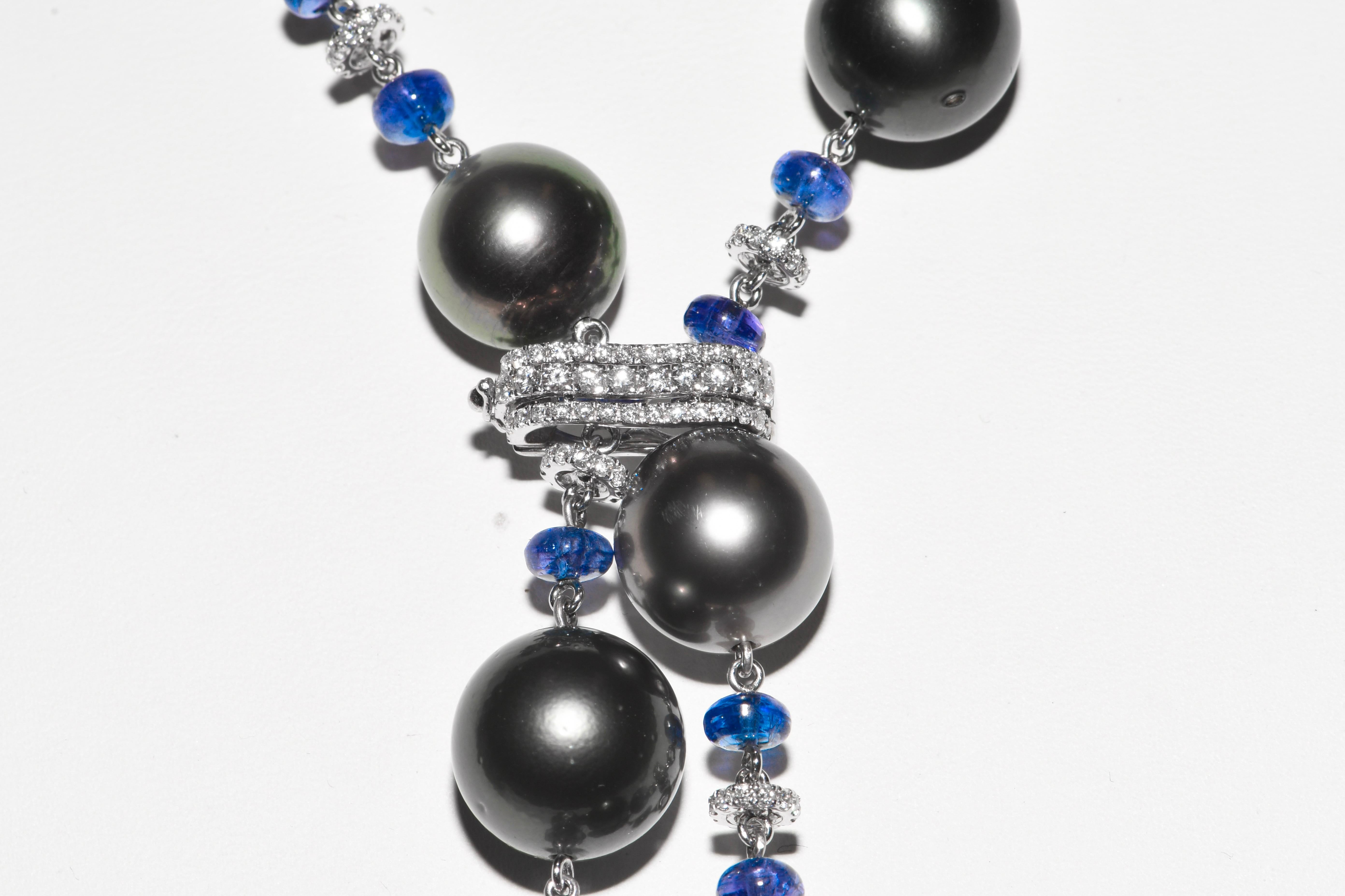 Women's Kantis 18 Karat Diamond Tahitian Pearls Tanzanite Blue Emeralds Tassel Necklace For Sale