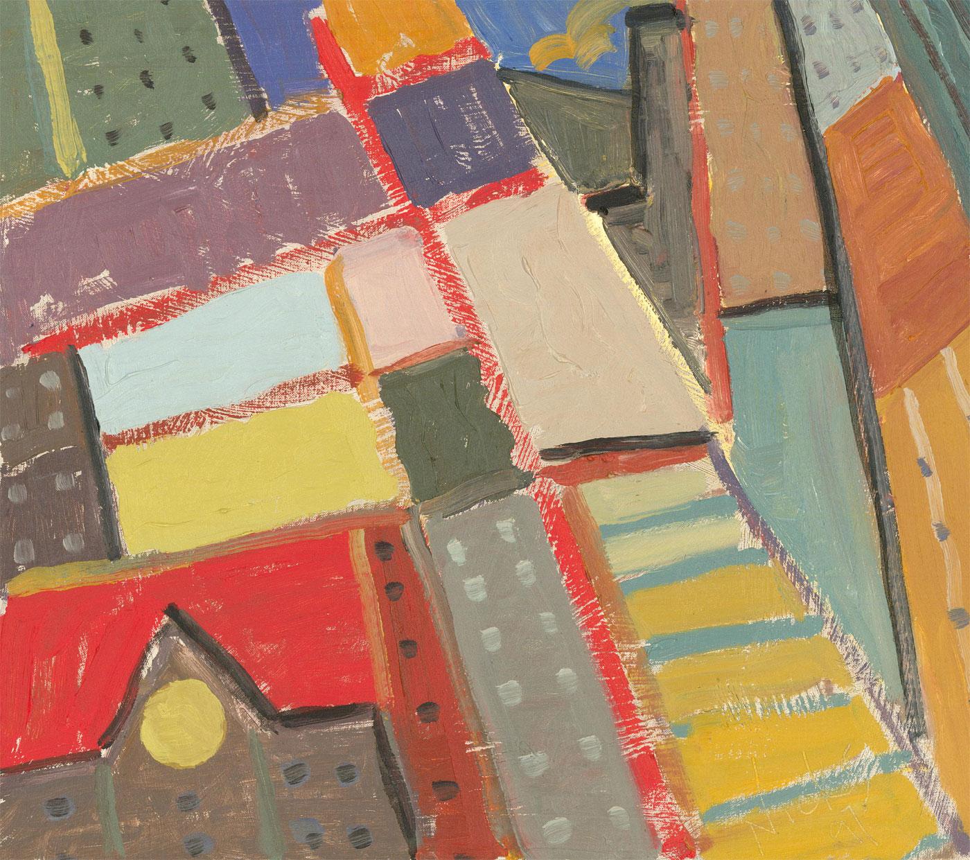 A vibrant and joyful abstract take on a busy metropolis. The artist has broken up the forms of city buildings into geometric, interlocking shapes, with glimpses of recognisable architectural elements adding a twist of naive reality to the abstract