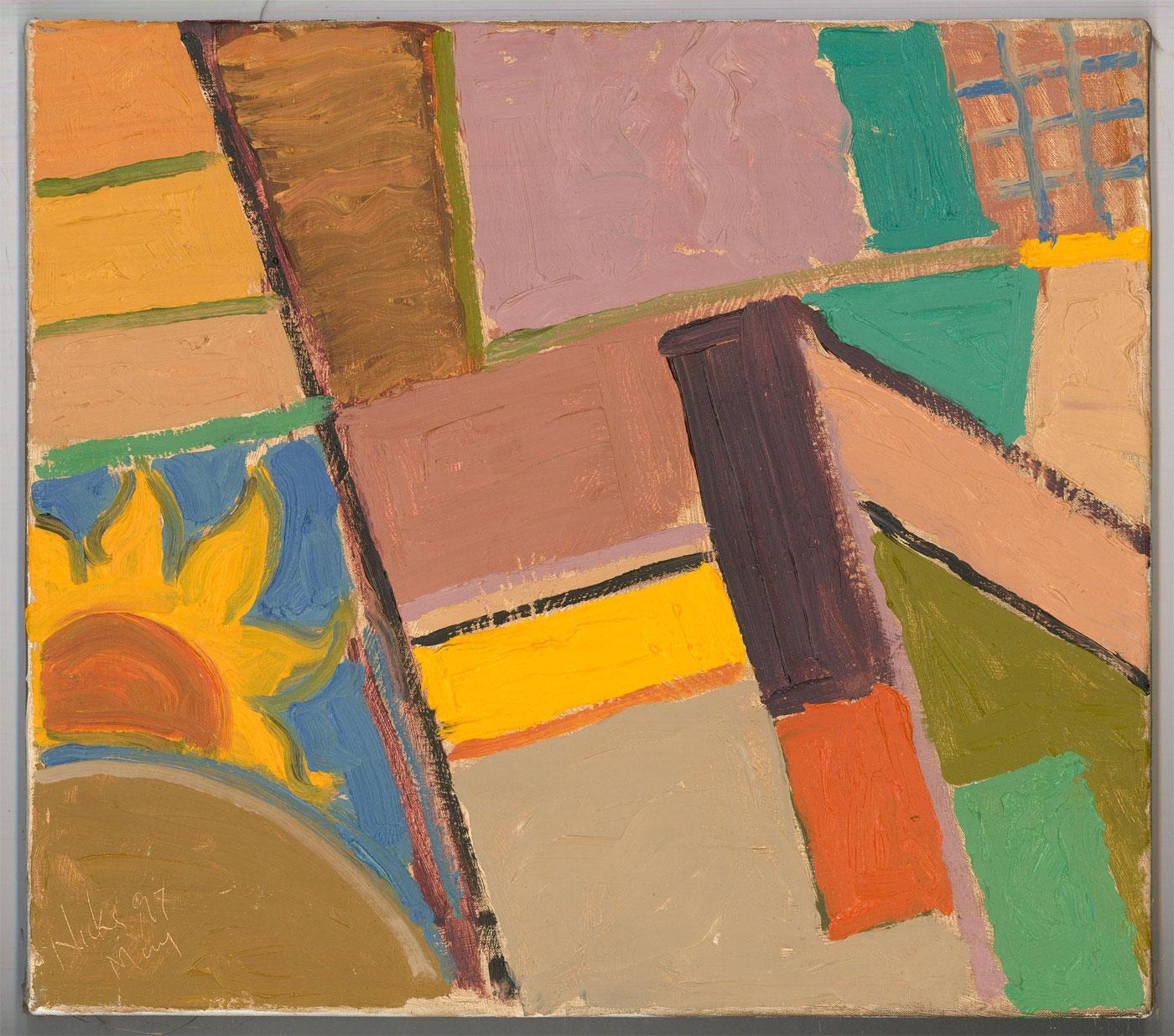Kanwaldeep Singh Kang (1964-2007) - Huile du 20e siècle, Tournesol dans The Window en vente 1