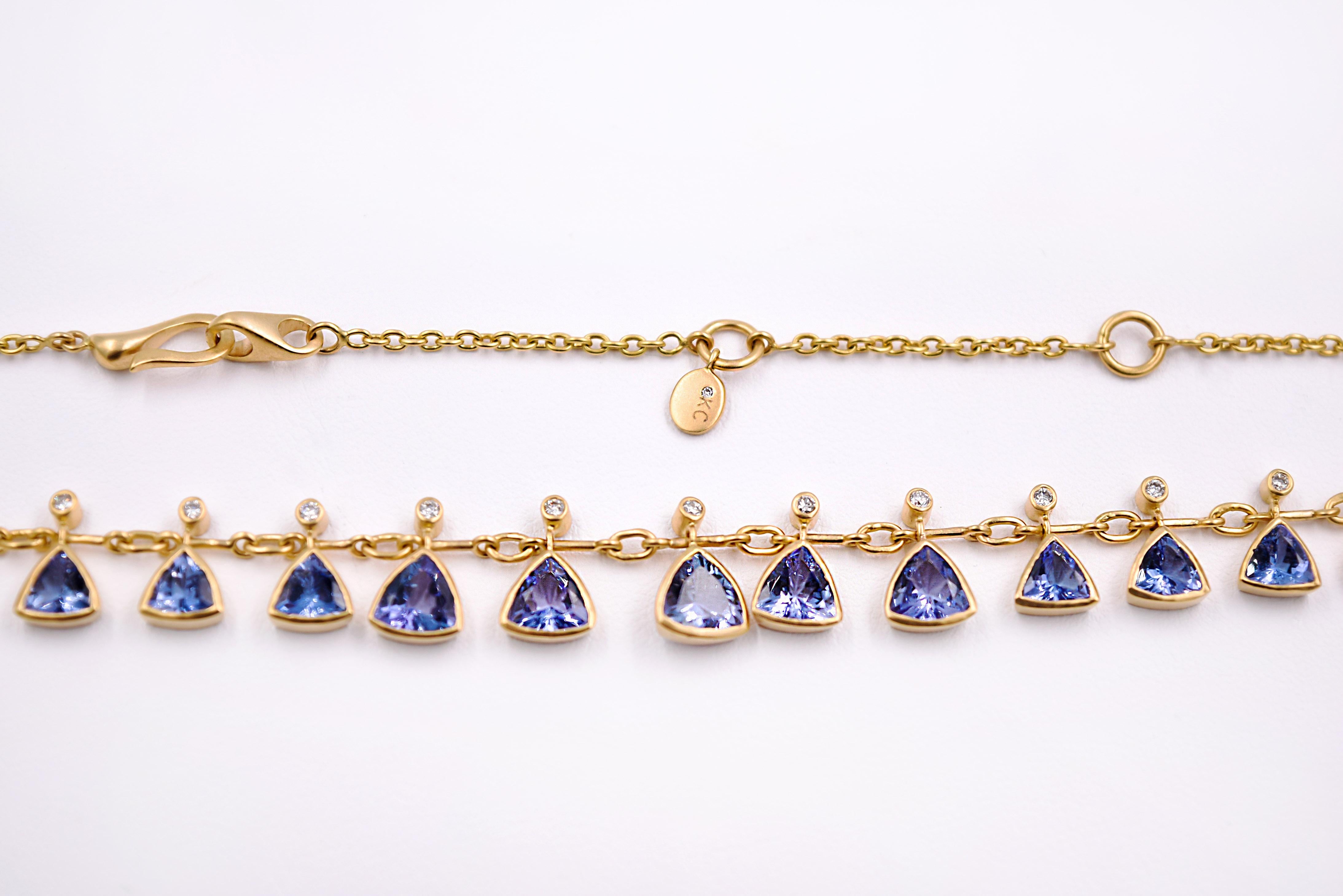 Trillion Cut Kanwar Creations 8.86 Carat Tanzanite and Diamond Necklace in 18 Karat Gold For Sale